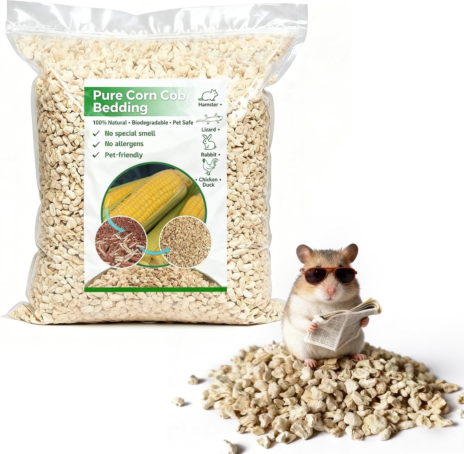 ‌Natural Corn Cob Pet Bedding – 44oz Premium Small Animal Bedding for Hamsters, Birds, Reptiles & More, Absorbent & Odor-Control
