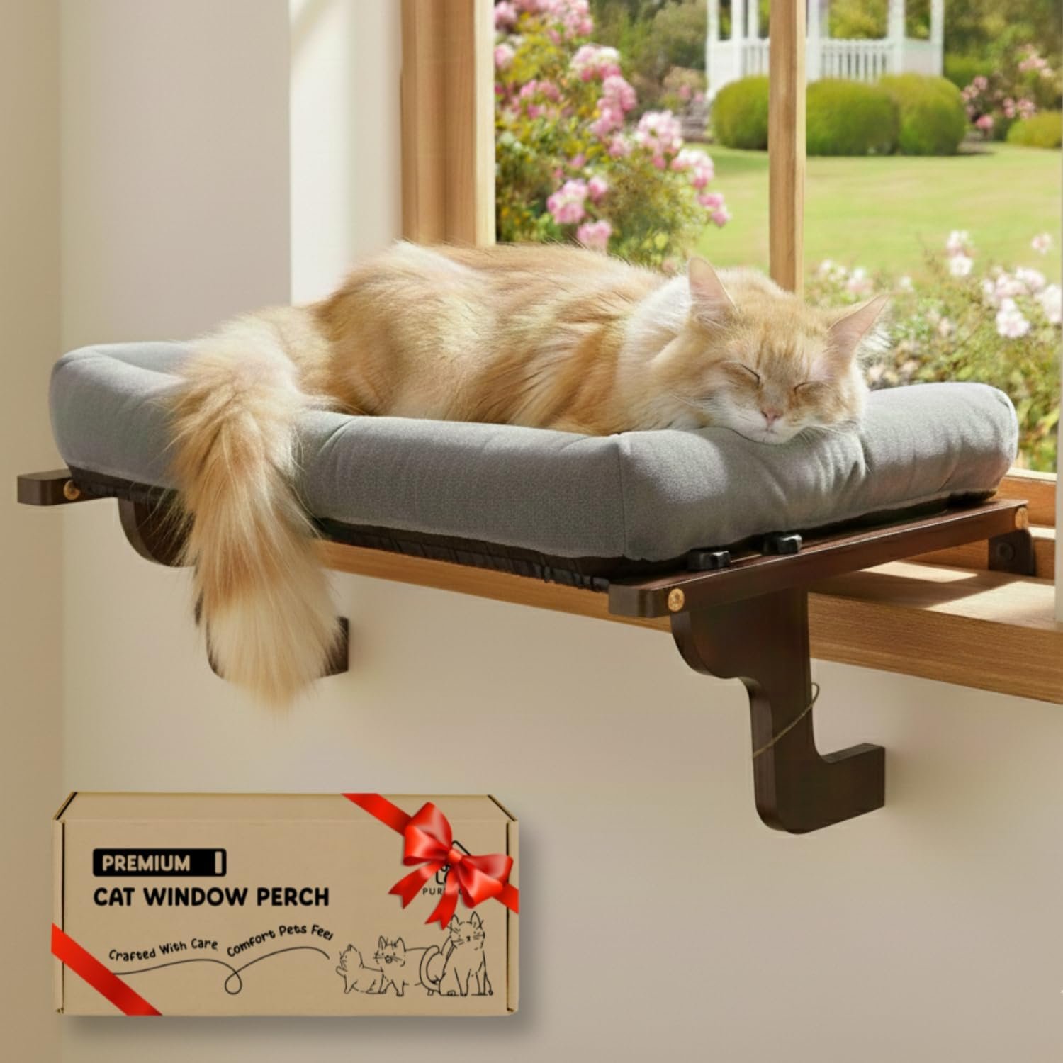 [Ready to Gift] PURRHOUSE Cat Window Perch with Cushion Bolster and Cool Pad, Cat Hammocks for Windows with Wood & Robust Metal Frame for Large Cats, Beds for Windowsill, Bedside and Cabinet,24”W
