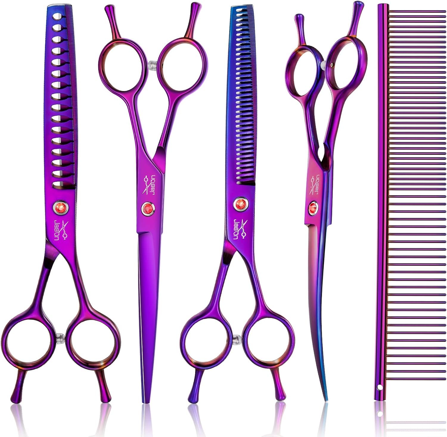 JASON Dog Grooming Scissors Kit, Professional 7 in 1 Dog Scissors Sharp Shears Set – Straight, Thinning, Chunker, Curved Shears and Comb for Long Short Hair for Dog Cat Pet Christmas Gift