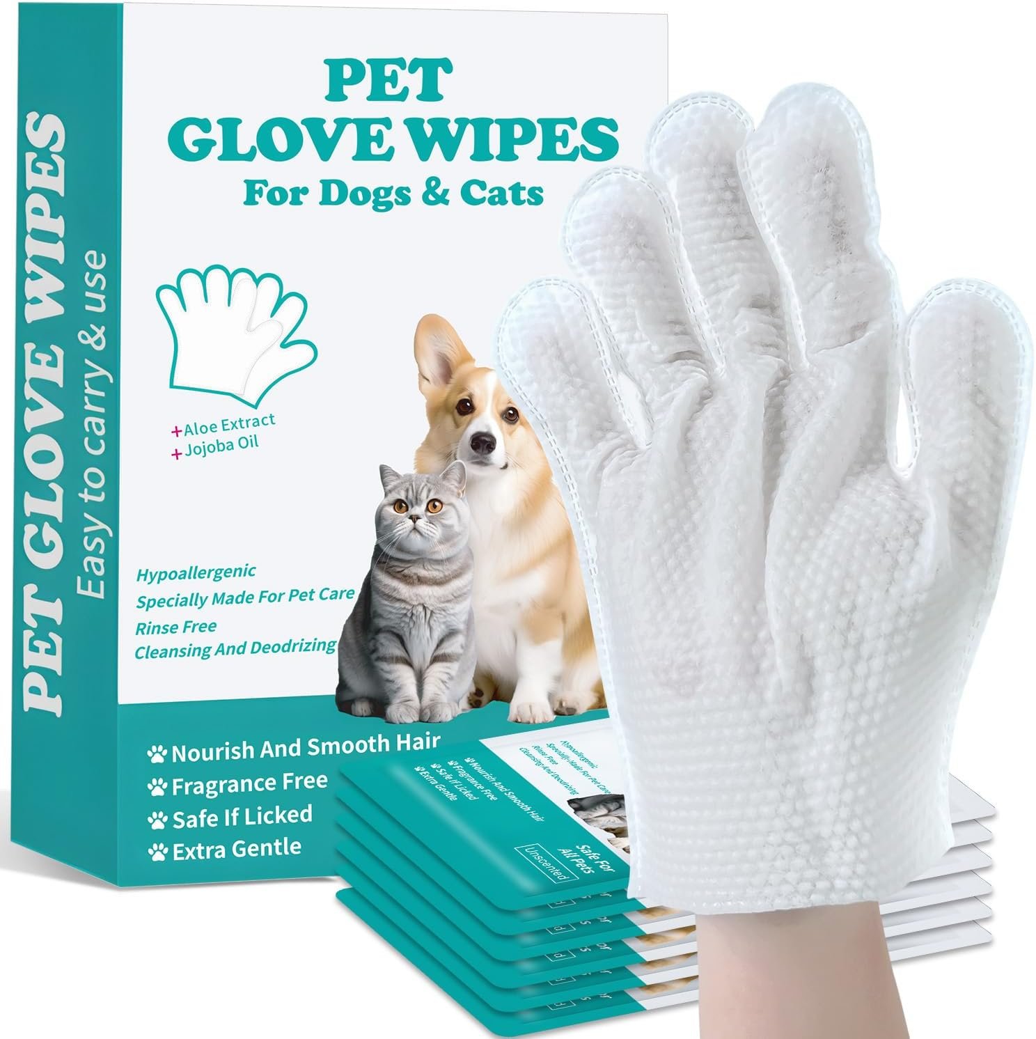 Pet Glove Wipes for Dogs and Cats – Dog Washing Gloves, Cat Bathing Wipes, Individually Wrapped, Moisture-Rich Thickened, Cleaning & Deodorizing, Hypoallergenic, Rinse Free for Grooming and Travel