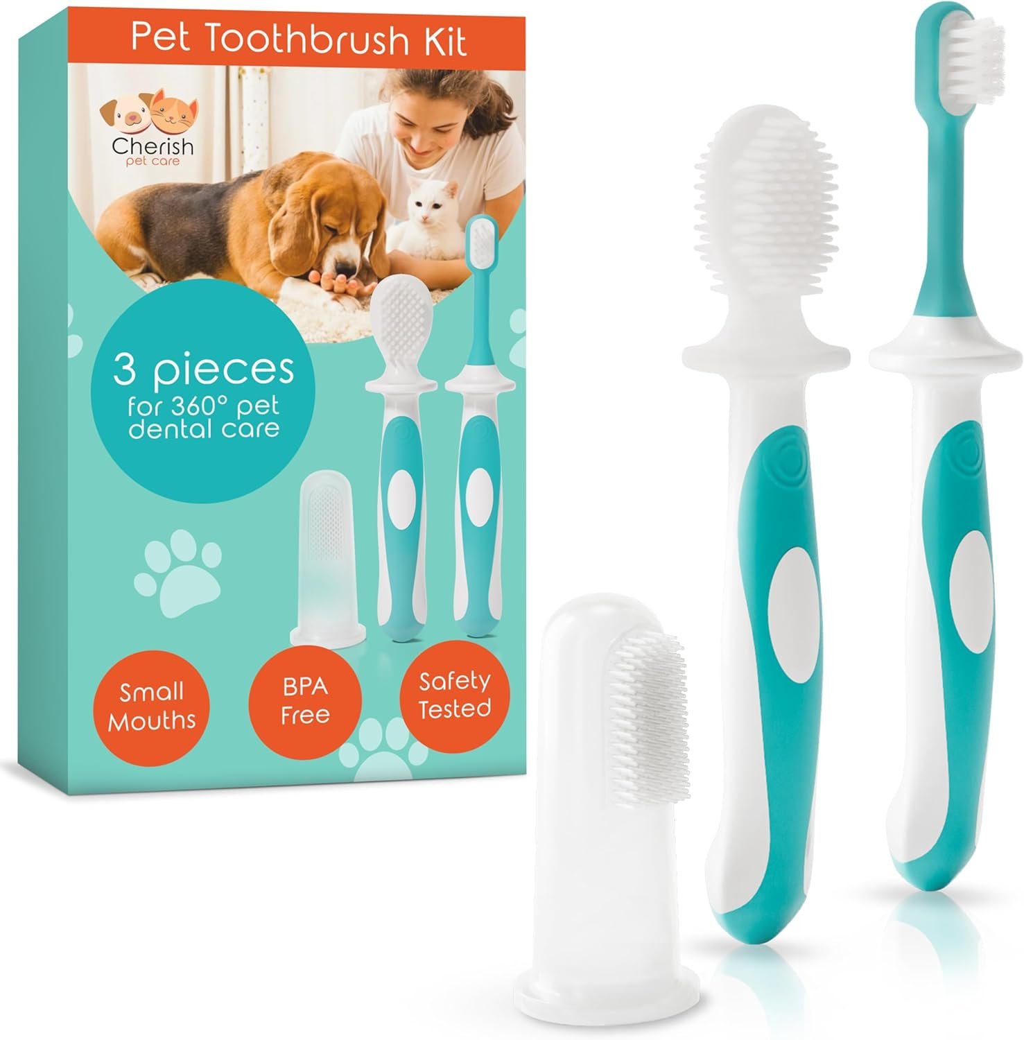 Cherish Pet Care Dog Teeth Cleaning Kit – 3pcs: Finger Toothbrush, Double-Sided Toothbrush, Fresh Breath & Plaque Removal