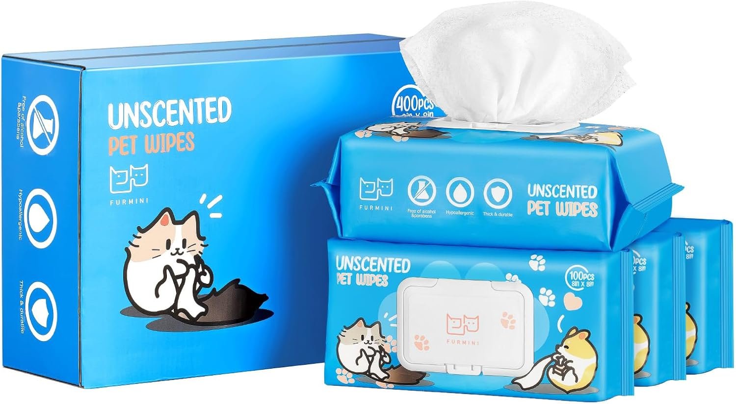 Unscented Pet Wipes (400pcs) – Hypoallergenic, Alcohol-Free & Soothing for Sensitive Skin – Head-to-Tail Cleaning for Dogs & Cats – Safe for Face, Coat, Paws & Butt