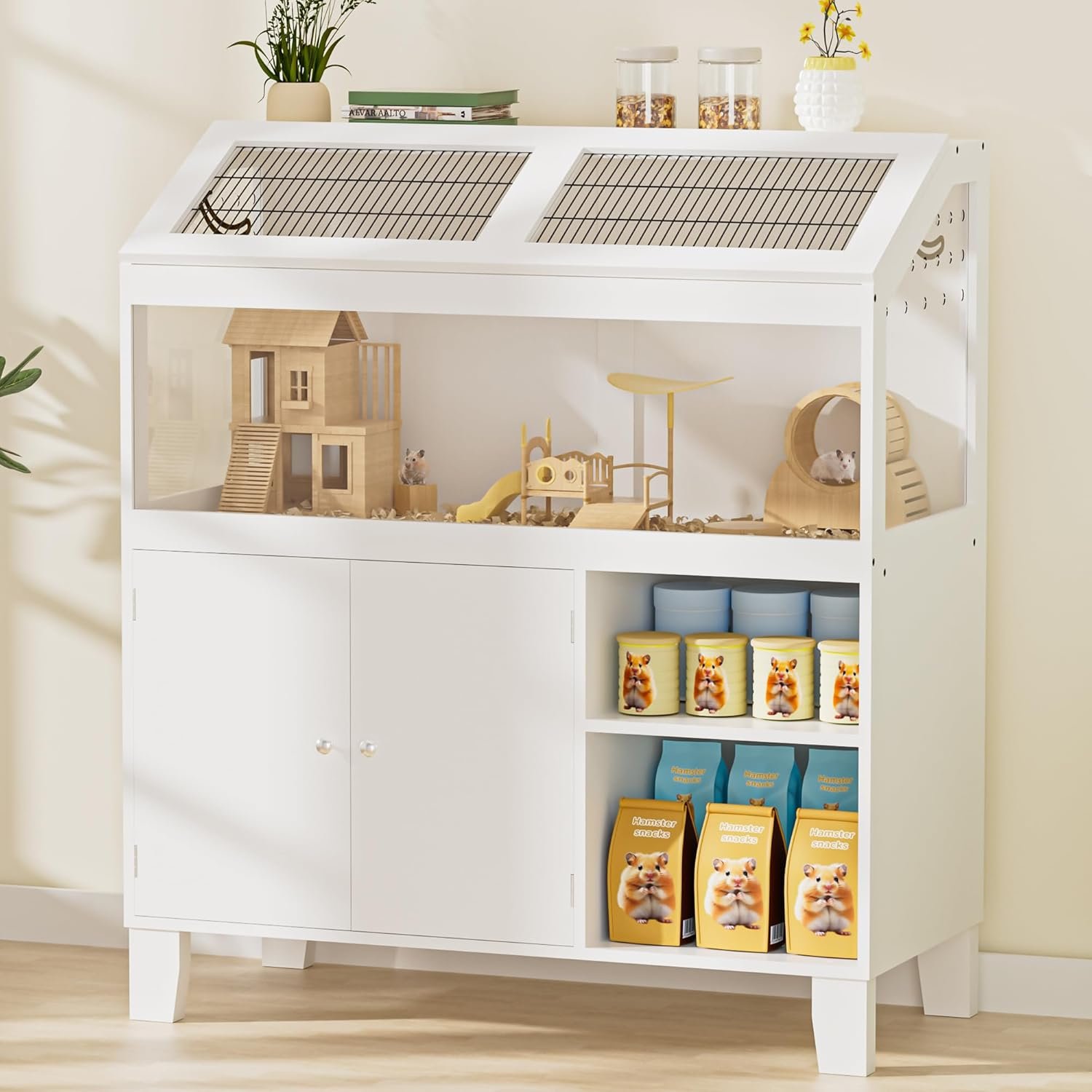 Hamster Cage with Storage Cabinet, Large Hamster Cage, Large Habitat with Easy View Acrylic Panels, Wooden Small Animal Cages for Guinea Pigs, Rabbits, Gerbils, Hedgehogs, White