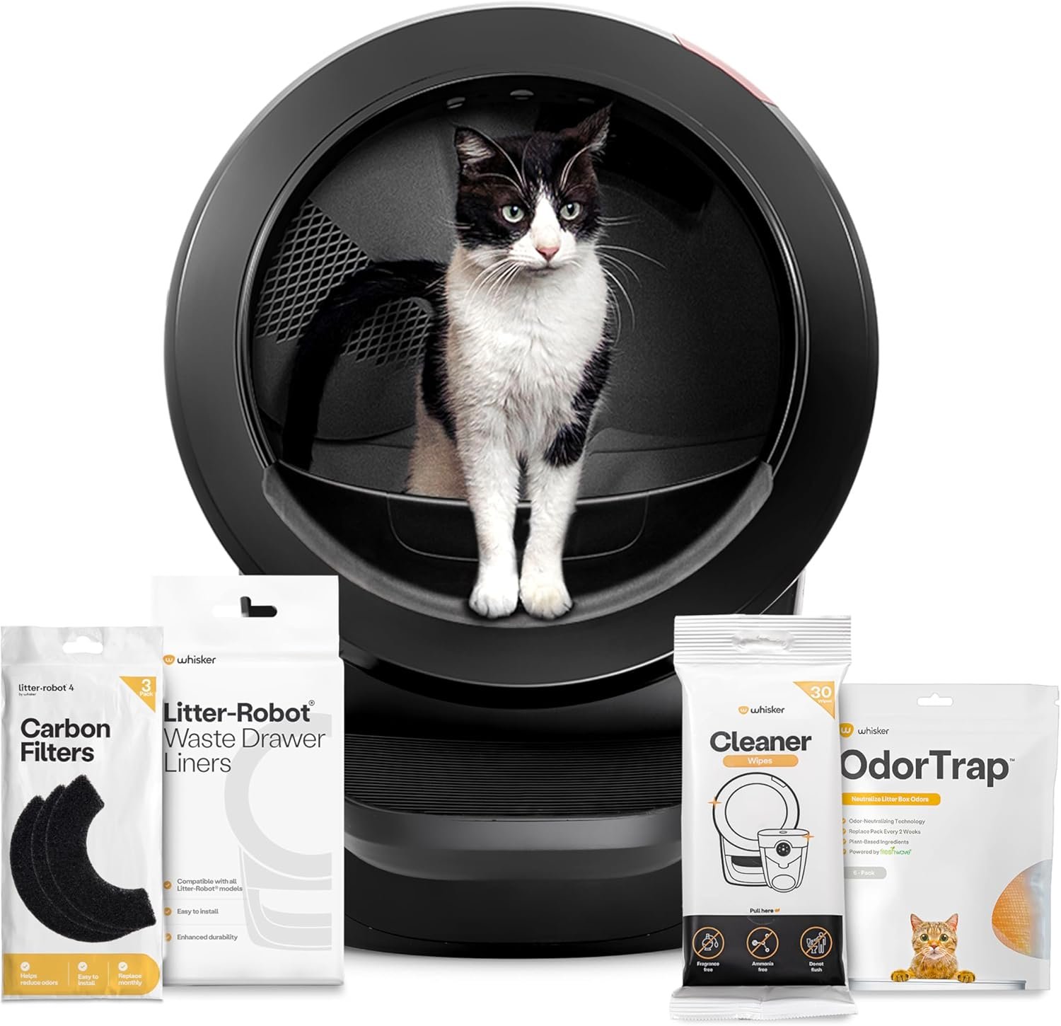 Whisker Litter-Robot 4 Supply Bundle, Black – Automatic, Self-Cleaning Cat Litter Box, Includes Litter-Robot 4, 3 OdorTrap Refills, 10 Liners, 30 Cleaner Wipes, & 2 Carbon Filters