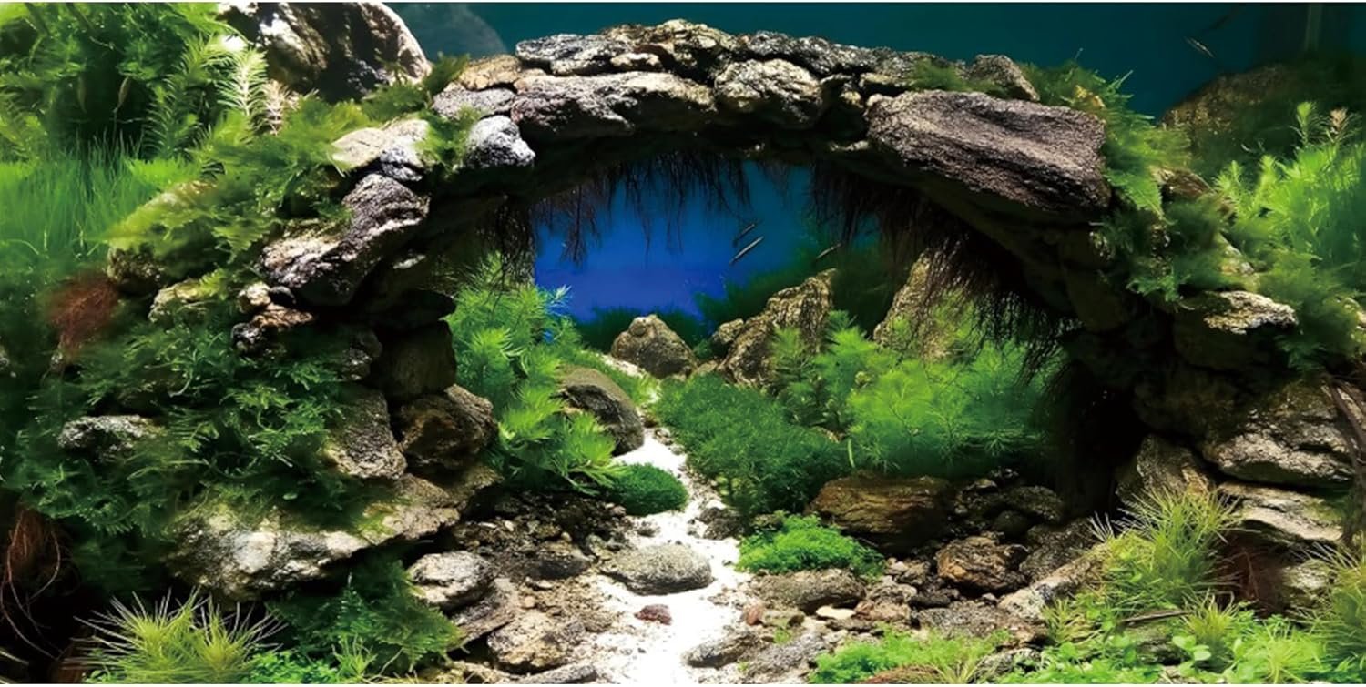 AWERT 48×20 inches Arch Stone Aquarium Background River Bed & Lake Aquarium Vinyl Background Aquatic Plant Fish Tank Background