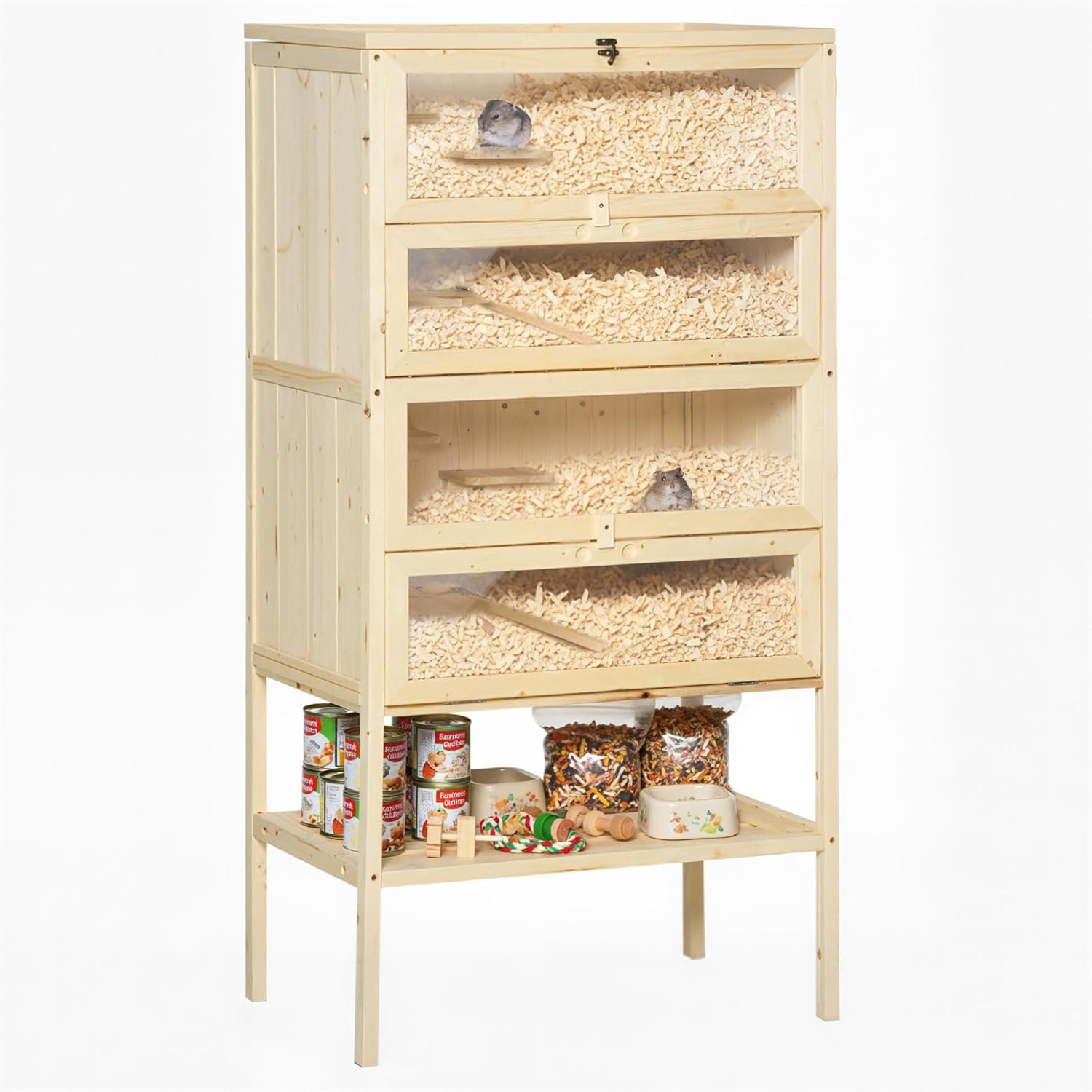 PawHut 5-Tier Wooden Hamster Cage Mice Habitat Rat Habitat with Openable Top, Front Door and Storage Shelf