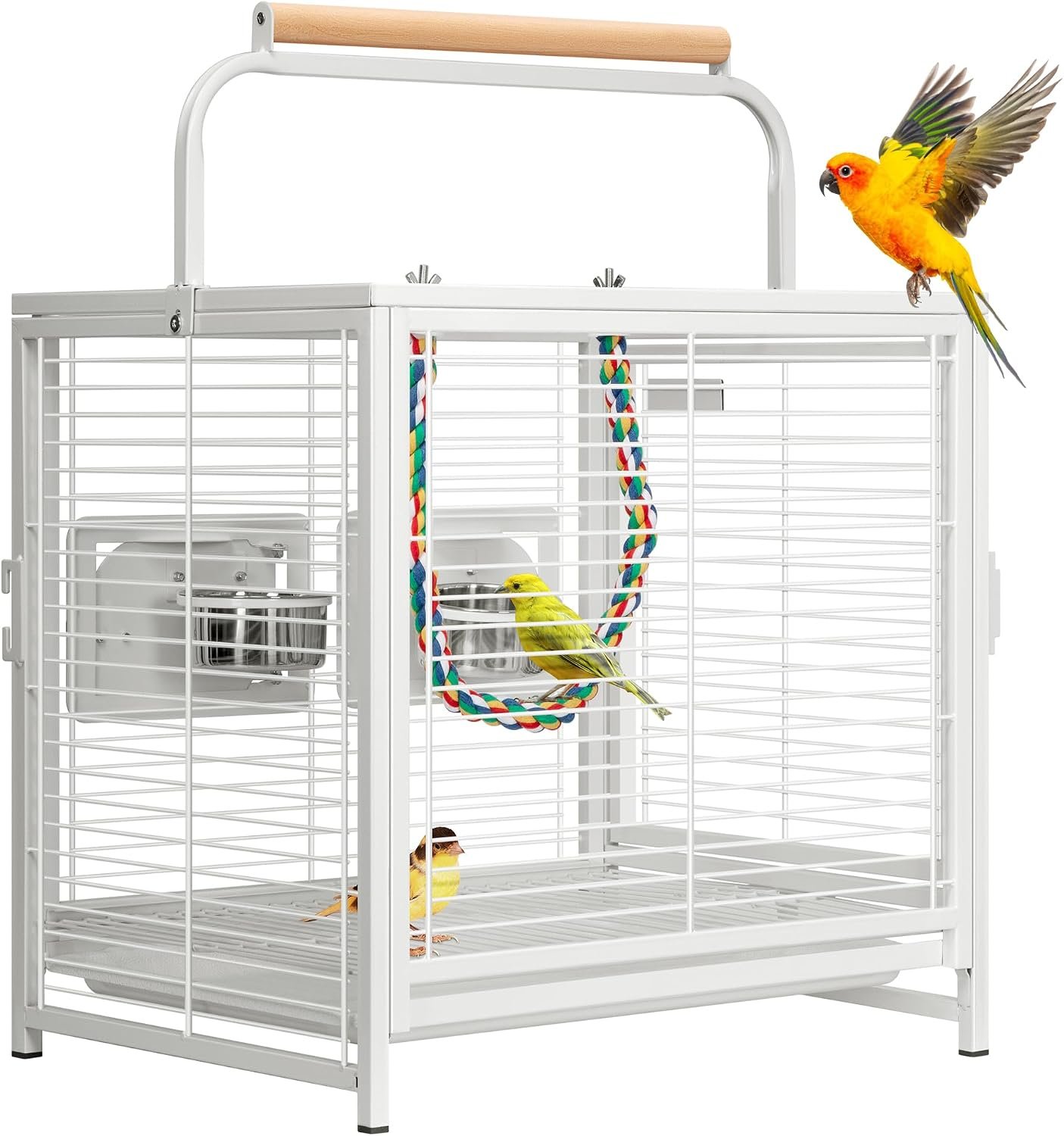 VIVOHOME 19 Inch Wrought Iron Bird Travel Carrier Cage for Parrots Conures Lovebird Cockatiel Parakeets White
