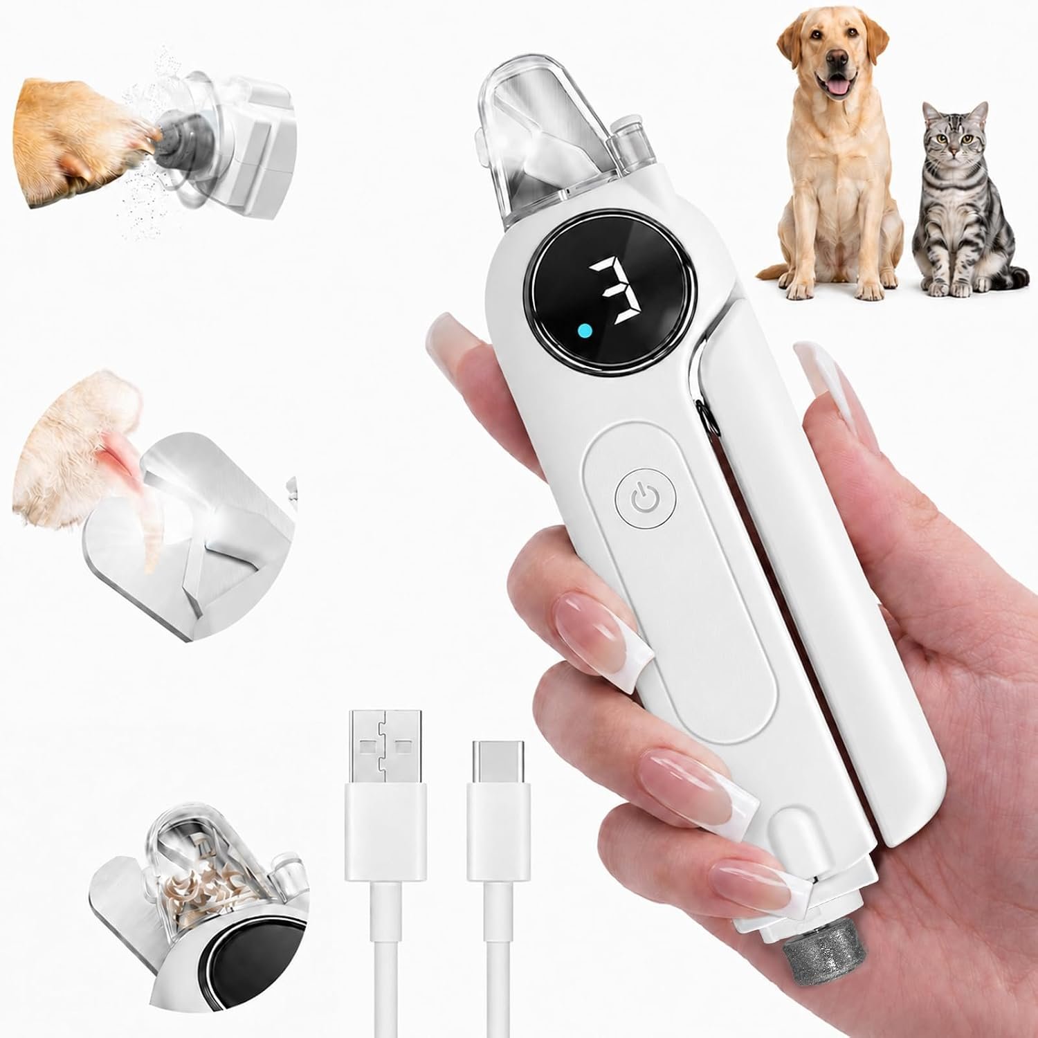 2-in-1 Quiet Electric Pet Nail Clipper & Grinder with Light for Dogs Cats | Dual LED Lights,3-Speed Grinder,Nail Clipping Splash Guard,Type-C Rechargeable,Quiet Design for Anxious Dogs & Cats