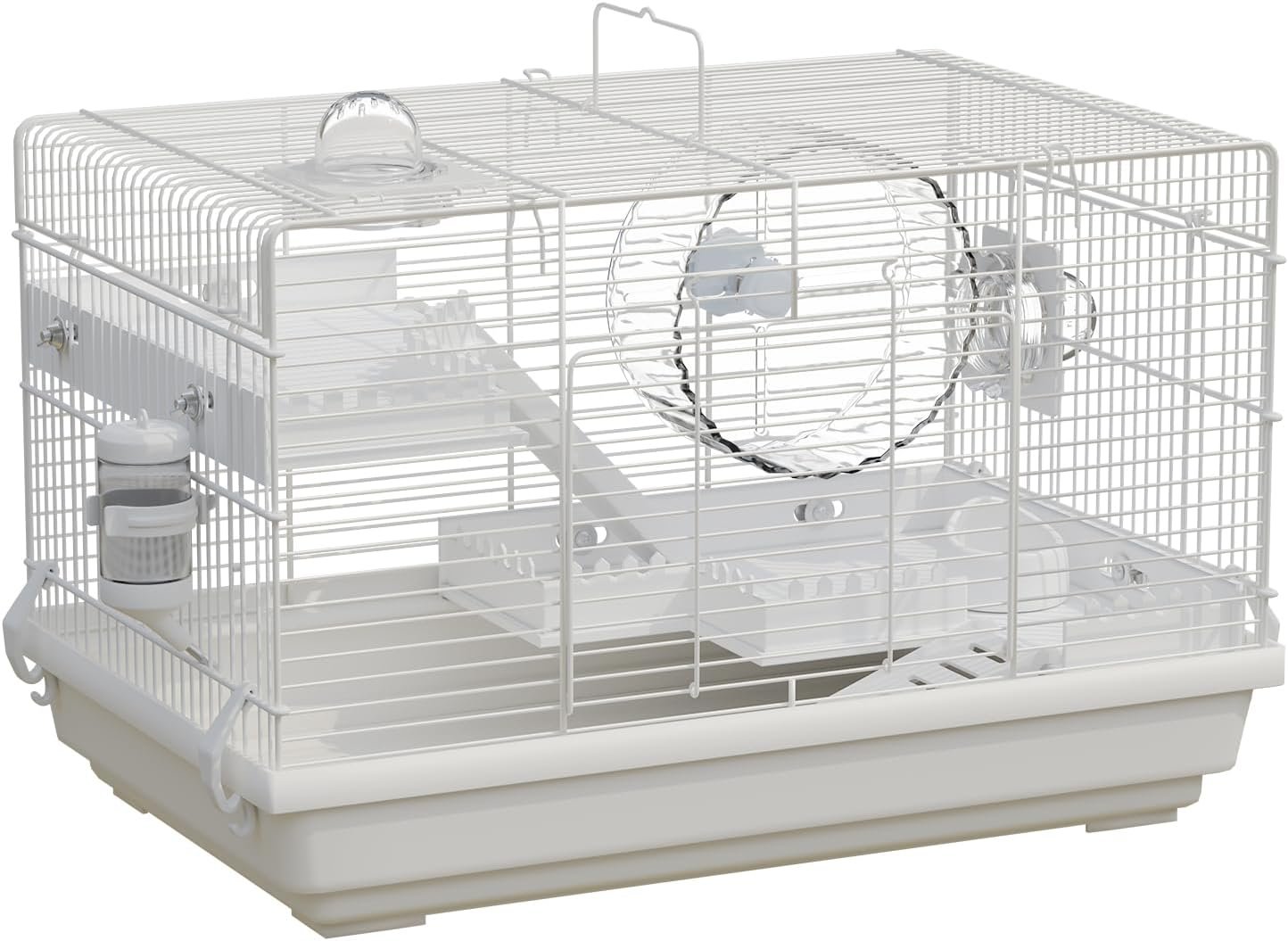Small Hamster Cage Starter Kit 19”Lx12”Wx12”H for Dwarf Hamster & Robo Hamster with Multilevel Platforms, 2 Tube Ports, Exercise Wheel, Ladders, Water Bottle, Food Bowl, White