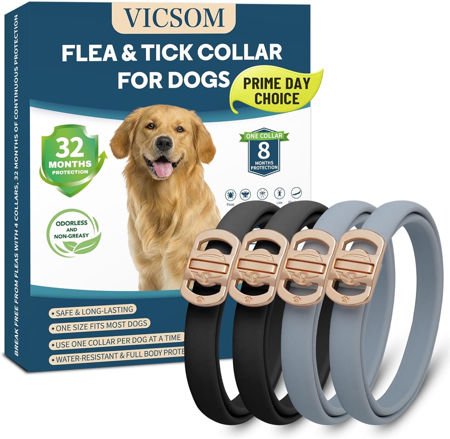 Flea and Tick Collar for Dogs 4 Pack, 32 Months Prevention, Waterproof, Adjustable for Small Medium Large Dogs Puppies (Black and Grey)