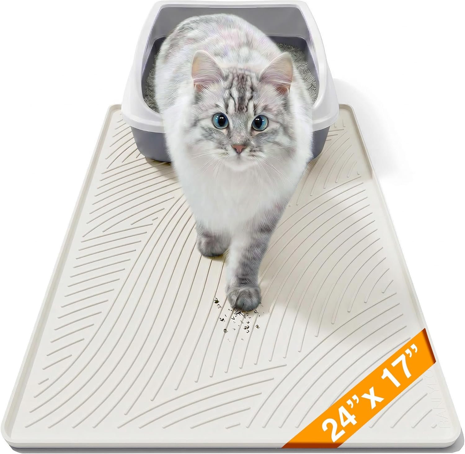 Cat Litter Box Mat – SM Small Medium Size 24 x 17 in, Water Proof, Kitty Litter Trapping Mat, Easy to Clean, Scatter Control, Odorless, Pet Supplies for Indoor Cats, Beige Gray