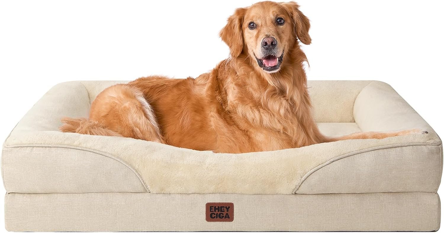 EHEYCIGA Orthopedic XL Dog Bed for Large Sized Dog, 42×30 Inch Extra Large Memory Foam Dog Couch Bed with Sides, Waterproof Liner & Washable Removable Cover, Bolster Pet Sofa, Beige