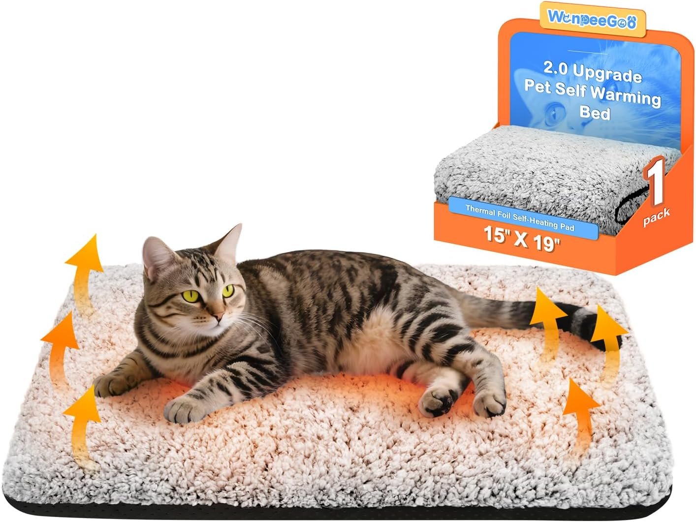 WanpeeGoo Self Warming Cat Bed, Heated Cat Bed, 2.0 Upgraded Thermal Foil Heating Pad, Plush Self-Heating Pet Mat for Crate, Floor, with Removable Washable Cover, Non-Slip, 15″x19″