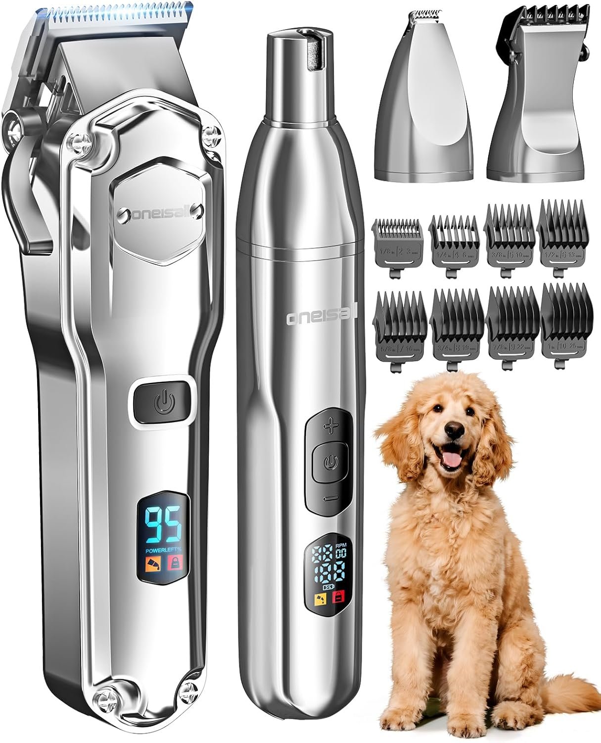 oneisall Dog Clippers for Grooming Thick/Heavy Coats, 4-in-1 Dog Grooming Kit Low Noise with Detachable Stainless Steel Blade, Cordless Paw Trimmer Pet Nail Grinder for Small & Large Dogs Cats Animals