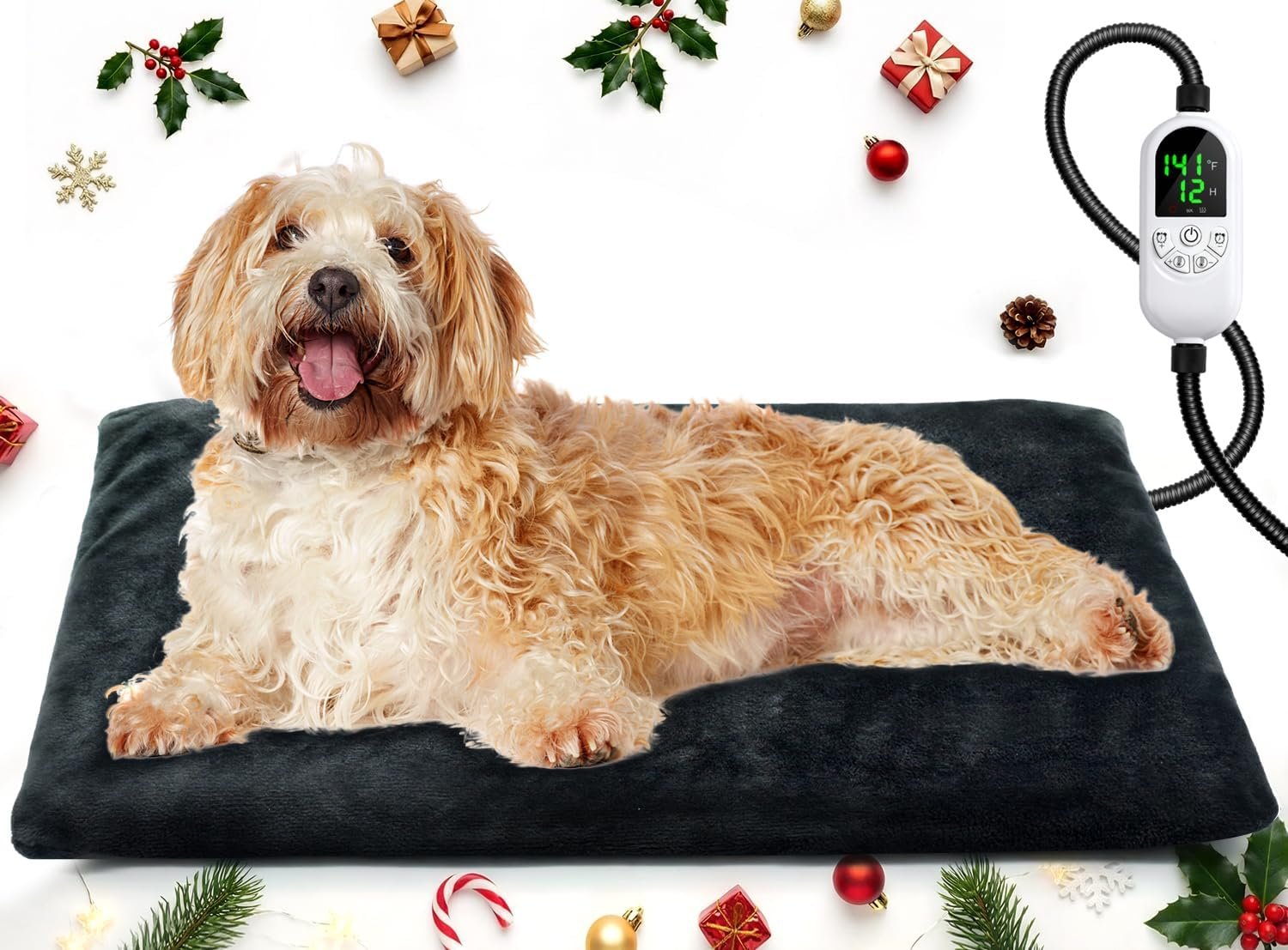 Pet Heating Pad Indoor 18″x28″, Heated Dog Cat Bed with 12 Temp Settings & Timer, Waterproof Outdoor Heated Mat for Feral Cats, Chew Resistant Cord, Machine Washable Cover (Large)