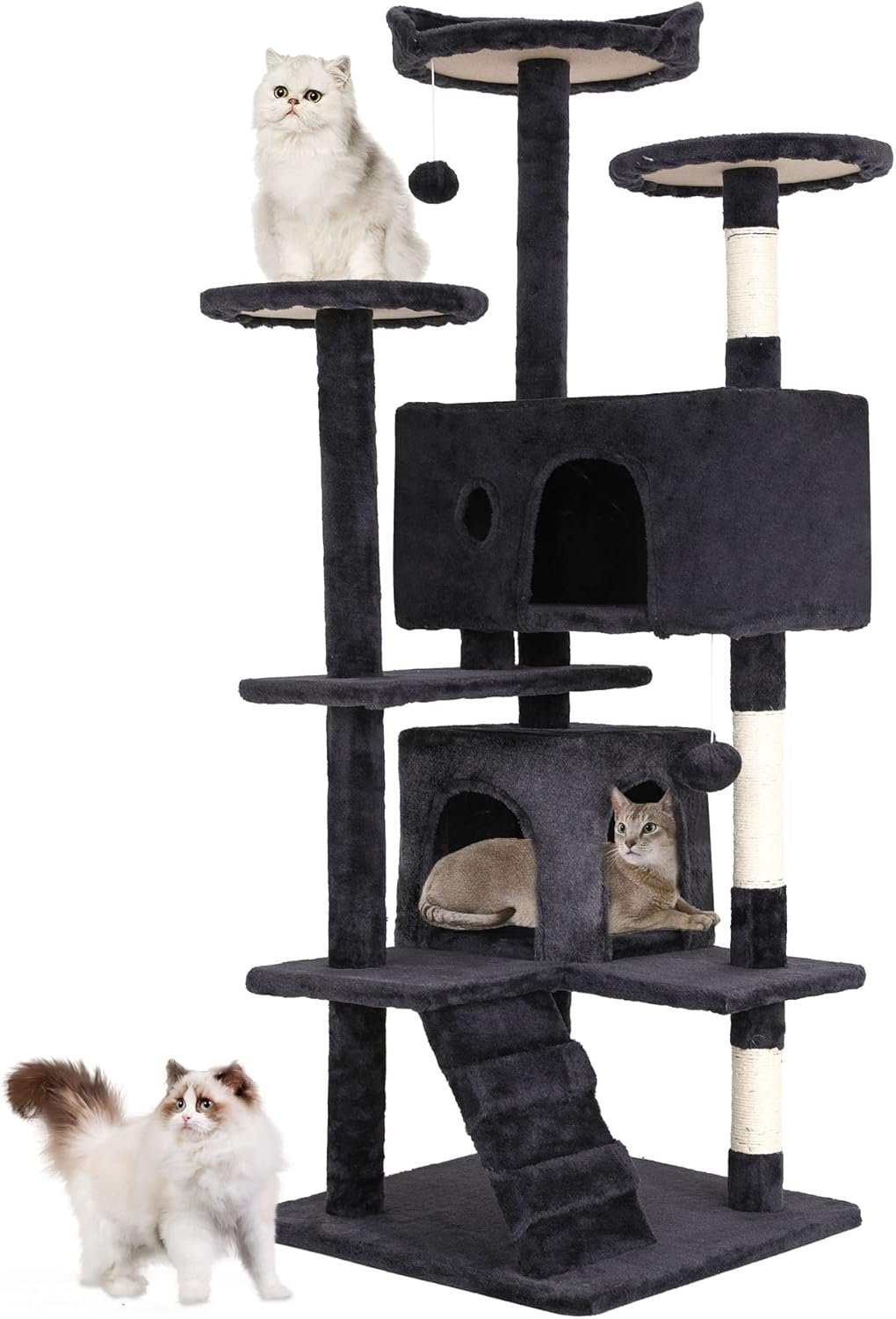 BestPet | 54″ Cat Tree Tower | Dark Gray | Sturdy, Easy to Assemble, Multi-Level Activity Center with Sisal Scratching Posts, Condos, Perches, Hanging Cat Toys, Observation Decks & Ladder