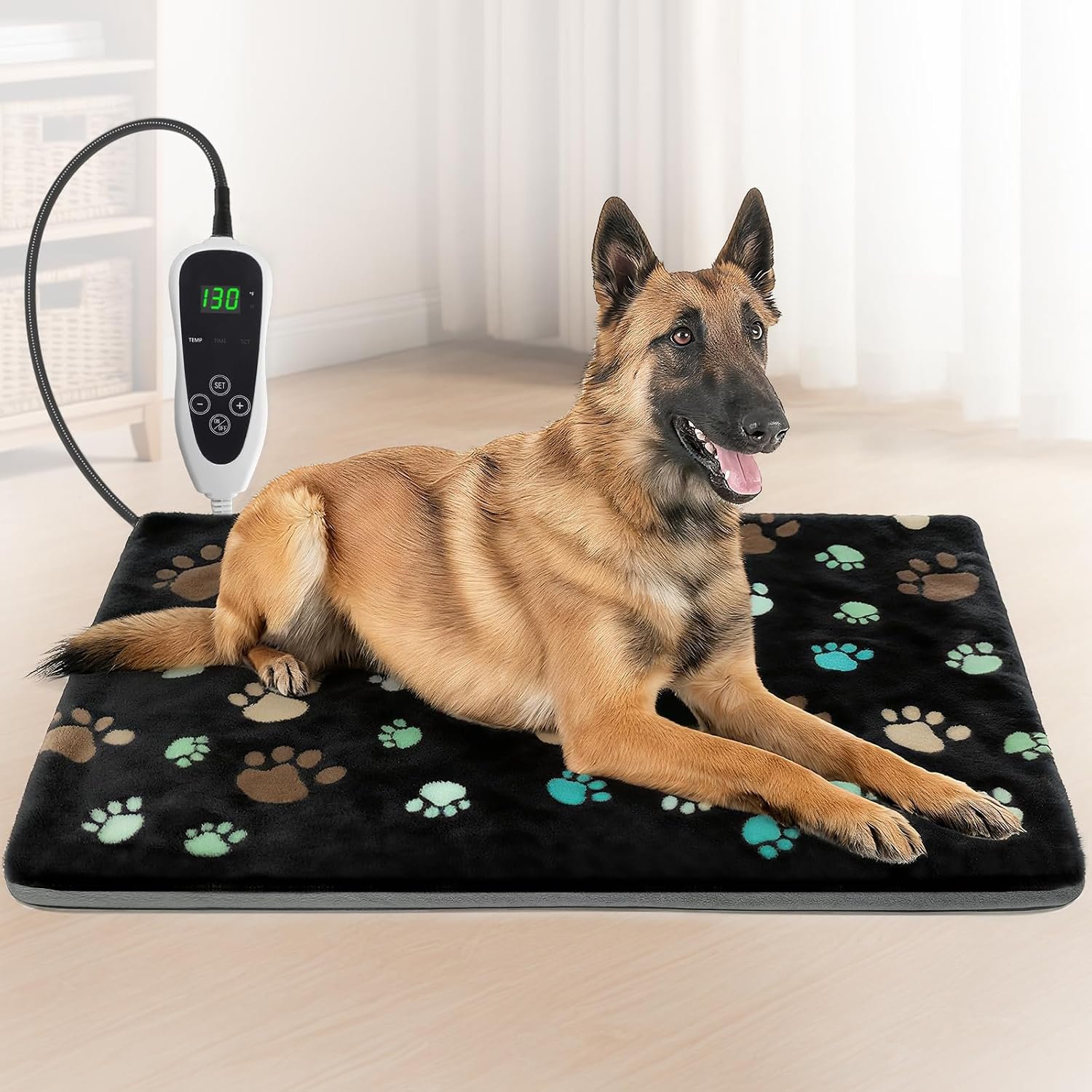 GOLOPET Large Dog Heating Pad 36×24 in with Smart Thermostat Switch and Power Line Protection Tube,Obtained MET and UL Dual Certification,Waterproof Pet Heating Pad for Dogs,with Plush Fabric Cover