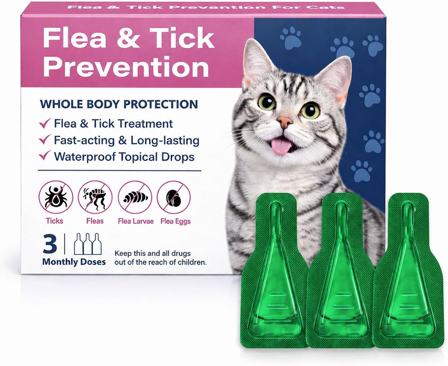 Topical Flea & Tick Drops for Cats & Kittens, Waterproof Monthly Care for Cats Over 1.5 lbs and 8 Weeks or Older, 3 Doses (3-Month Supply)
