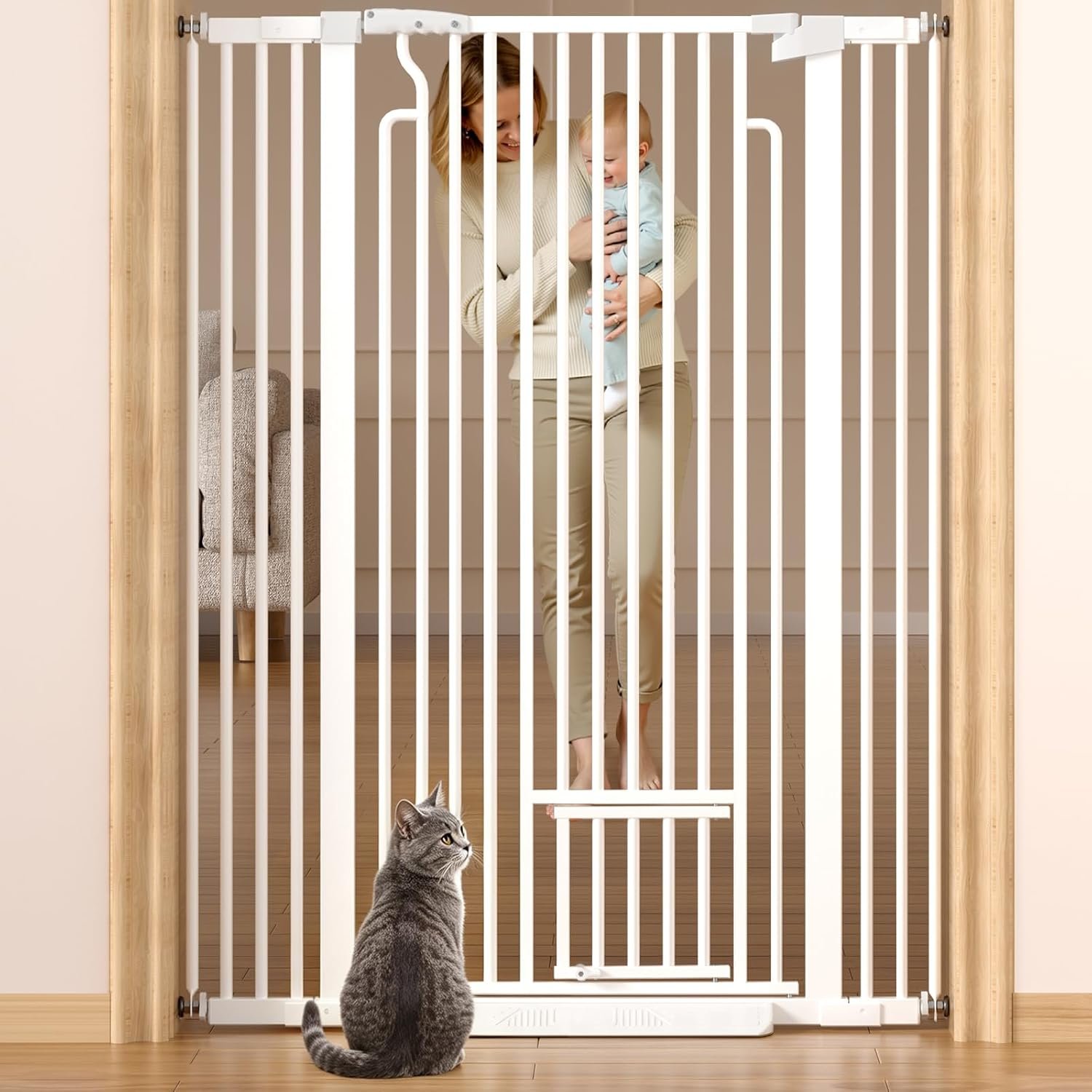 Ostutry 53in Extra Tall Cat Gate for Doorway, 29.5-40.6in Wide Auto Close Pet Gate with Cat Door, Climb Proof Dog Gate No Drilling Pressure Mounted, White