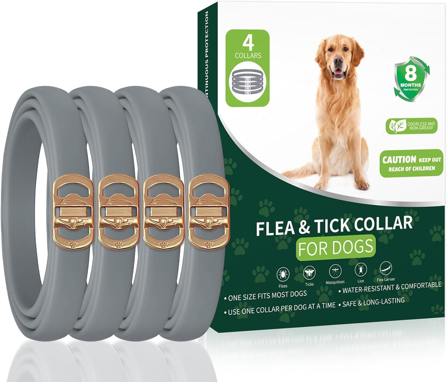 4 Pack Flea Collar for Dogs, 32 Months Flea and Tick Prevention for Dogs, Dog Flea and Tick Treatment, Adjustable Dog Flea Collars, Waterproof Dog Flea Treatment Collar, Flea Treatment for Dogs, Grey