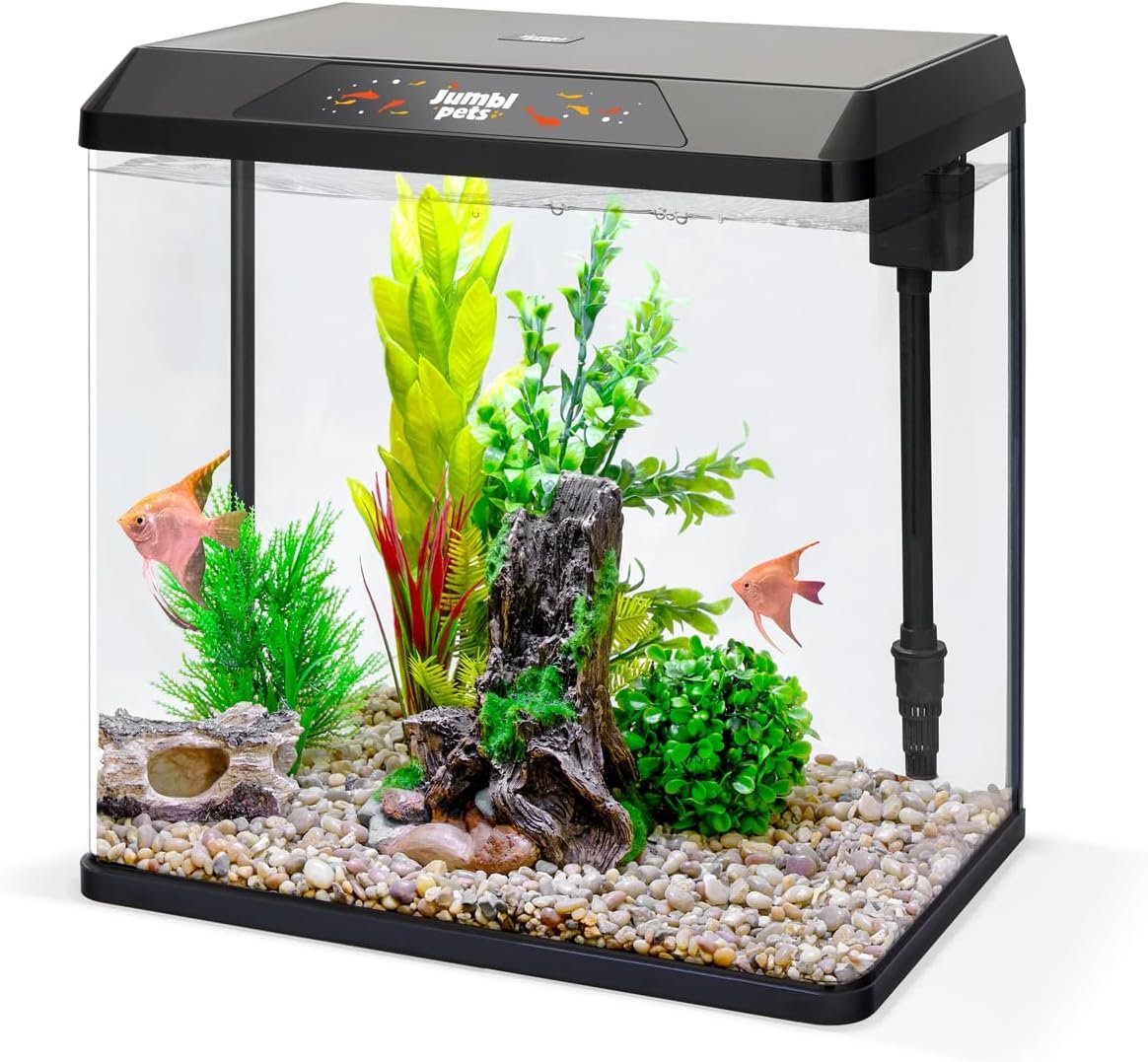 JumblPets Starter Fish Aquarium Kit, 4 Gallon, Complete Beginner Glass Fish Tanks Set with LED Lighting, Internal Filtration System, Filter Media Set, Hood & Lid, Ideal for Freshwater and Marine Fish