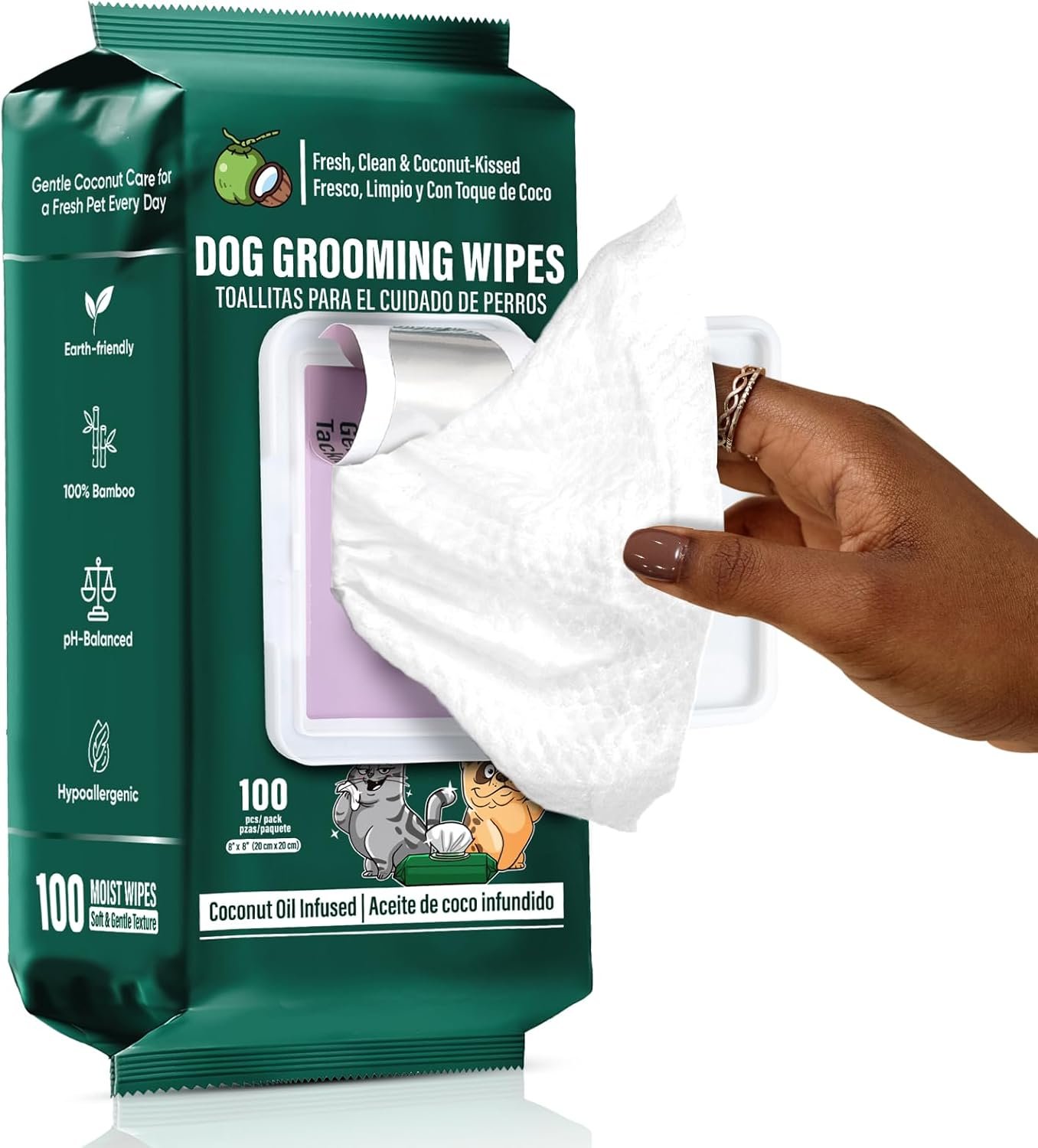 ATIFBOP Pet Wipes for Dogs and Cats | Hypoallergenic Pet Grooming Wipes, 100 Wipes for Cleaning & Grooming | Coconut Scented | Aluminum Moisture-Lock Seal