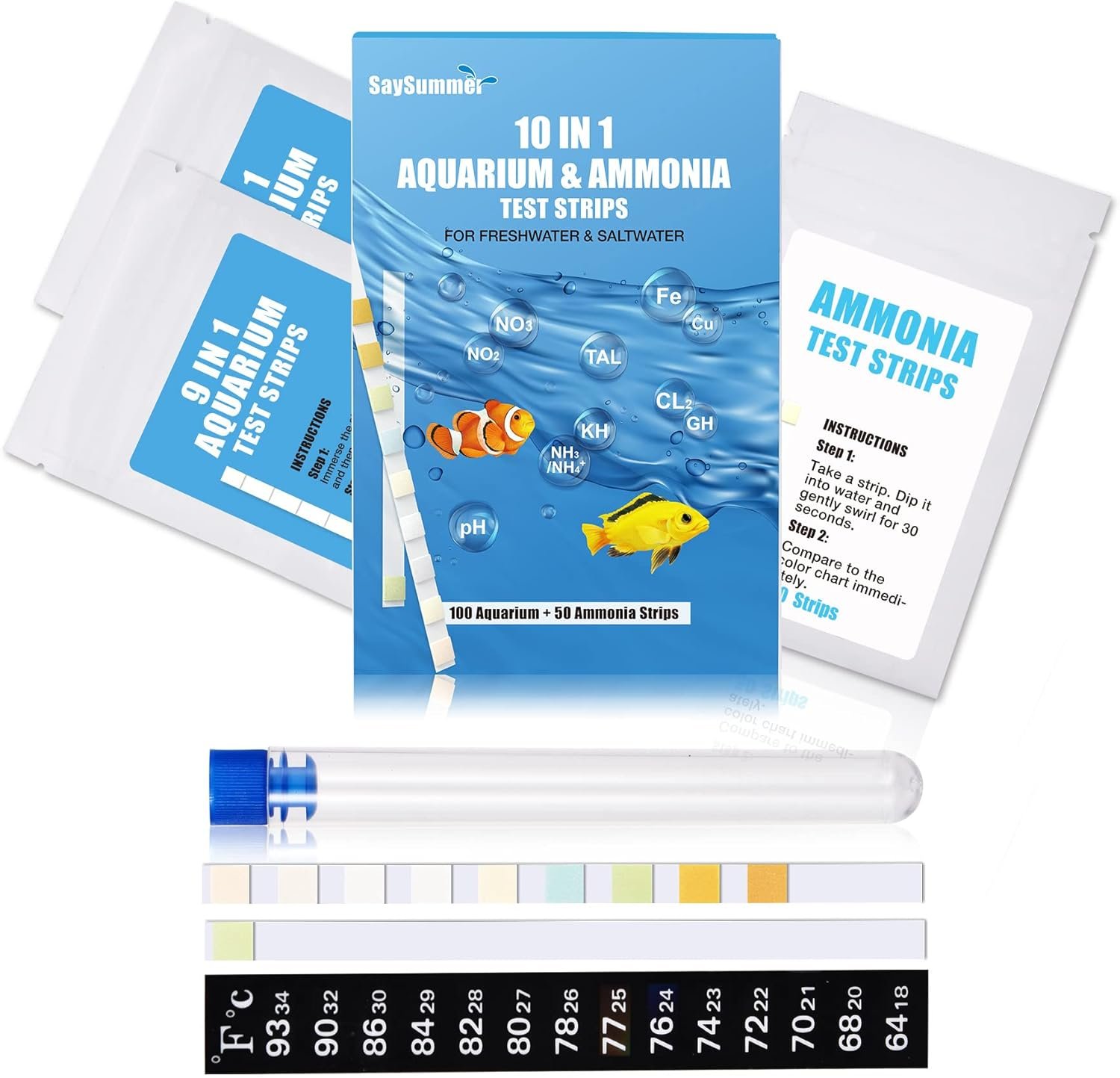 10 in 1 Ammonia Test Kit for Aquarium, 150ct Aquarium Ammonia Test Strips Freshwater Saltwater, Fish Tank Aquarium Test Strips Kit – Testing Ammonia and 9 More !