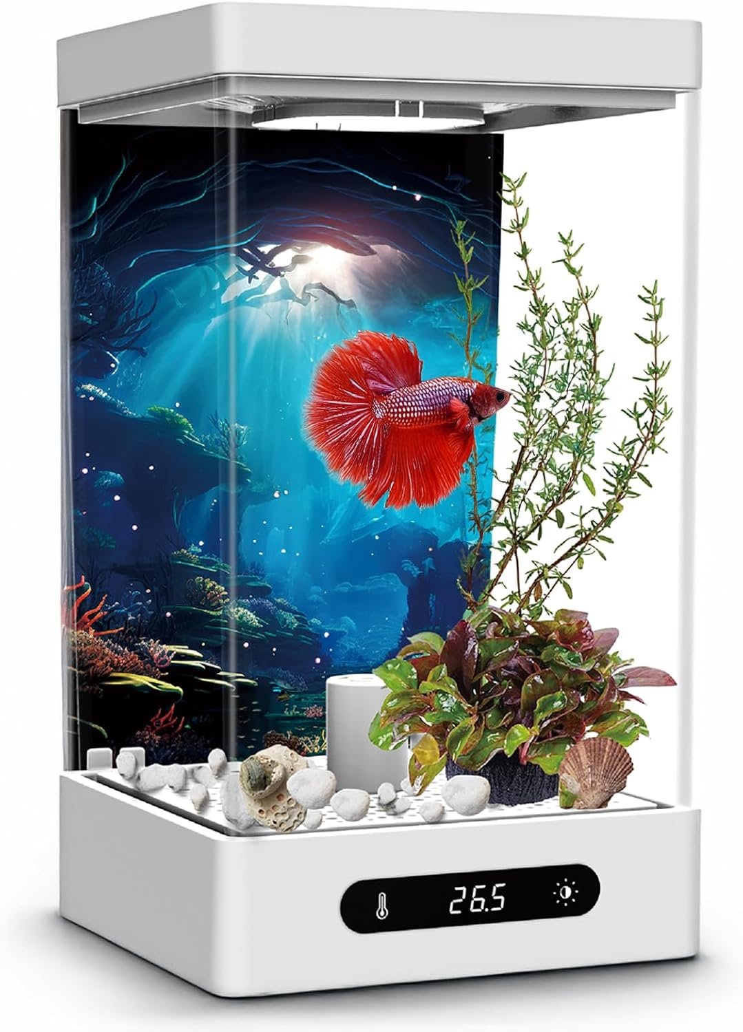 Small Shrimp Tank, 0.42 Gal Mini Fish Tank, Smart Automatic Heating, Easy Water Change Valve, and Energy-Efficient LED Lighting – Perfect for Office, Home, and Bedrooms, Single Betta Fish Only