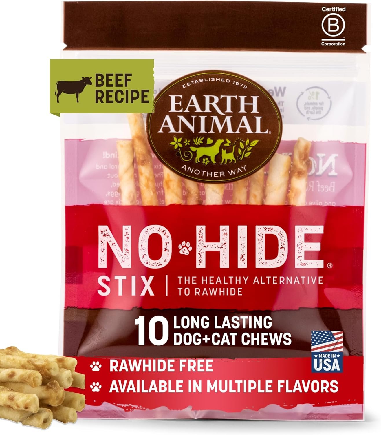 Earth Animal No Hide Stix – Long Lasting Rawhide Free Small Dog Chews Sticks, Beef – 10 Count