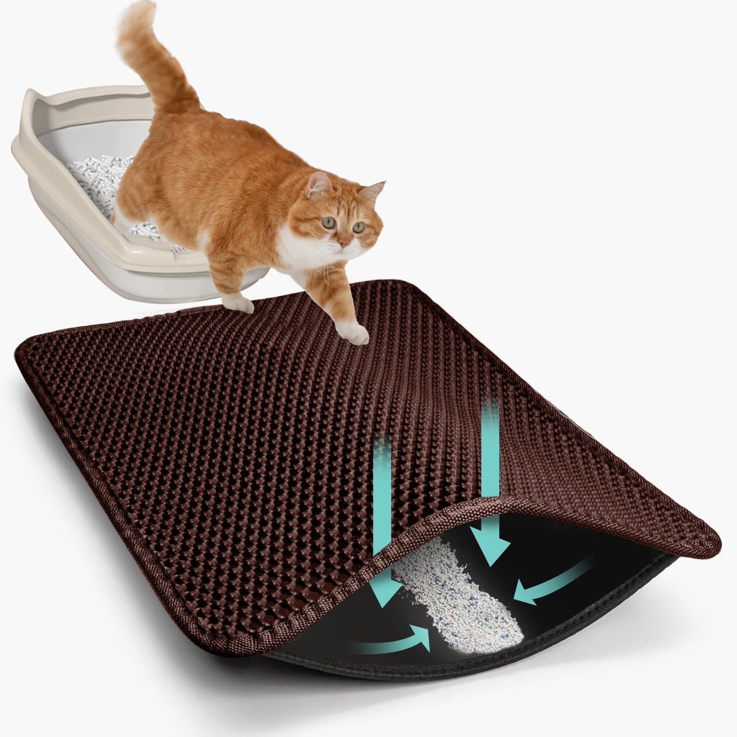 22″x30″ Cat Litter Mat, EVA & Fabric Double Layer Design Waterproof Bottom Cat Litter Mat, Anti-slip Litter Box Mat, Easy To Catch Pet Litter, Easier To Clean, Washable, Soft on Paws, Brown