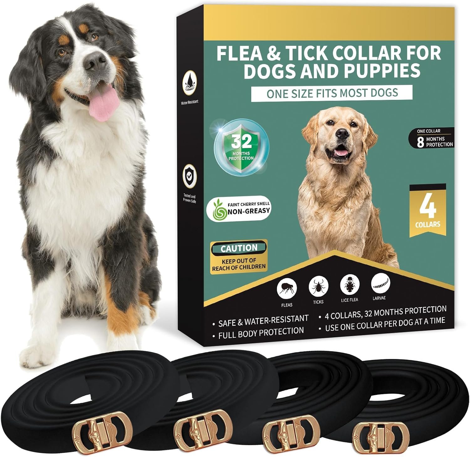 Flea Collar for Dogs 4 Pack, 32 Months Comfort Flea and Tick Prevention, Waterproof Dog Flea and Tick Collar, Adjustable Flea and Tick Treatment for Dogs – One Sizes Fit All (Black)