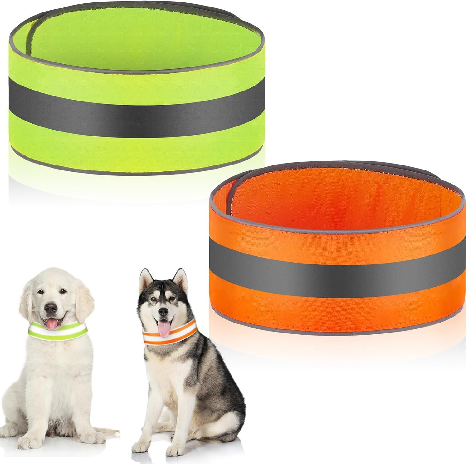 Paterr 2 Pcs Reflective Dog Collar High Visibility Adjustable Pet Collars with Quick Release Fastener Comfortable Dog Walking Accessories for Small Medium Large Pet, Orange, Fluorescent Green(Stripe)