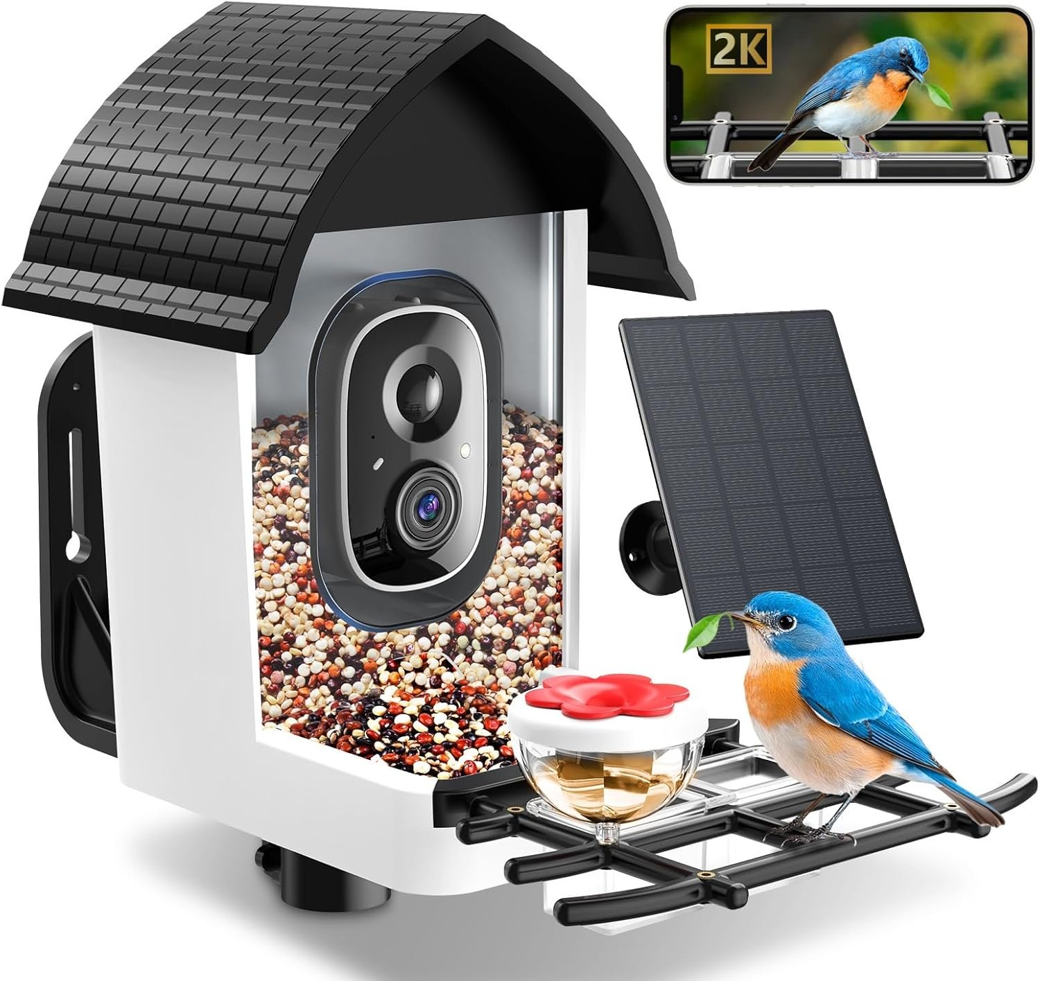 Smart Bird Feeder with Camera – Solar Powered Bird Watching Camera with 2K HD Live View, Auto Capture & AI Identify 10,000+ Species, 2.4G WiFi Outdoor Birdhouse, Ideal Gifts for Bird Lovers