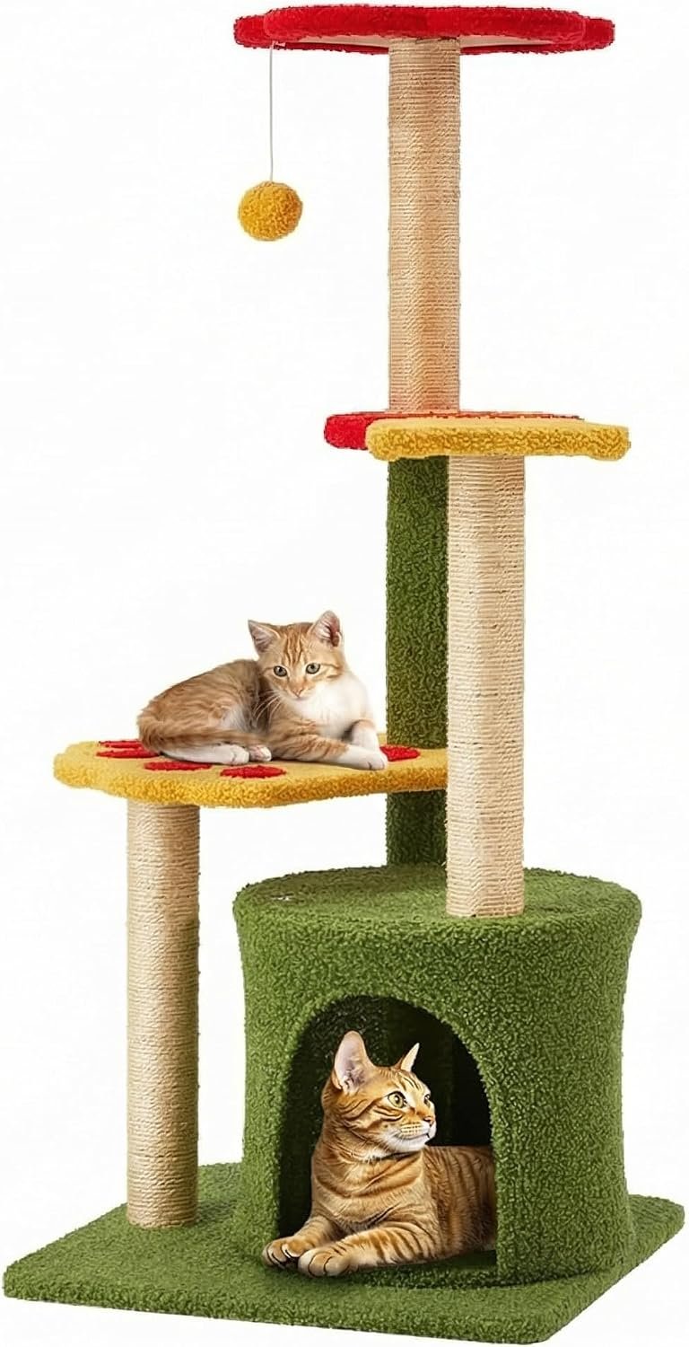 Flower Cat Tree 37in Cute Cat Tree Tower for Indoor Cats with 3 Sisal Covered Scratching Posts, Cozy Tower Condo, Padded Top Perch Green Fun Cat Tree Kitty Condo Cat Furniture for Indoor Cats