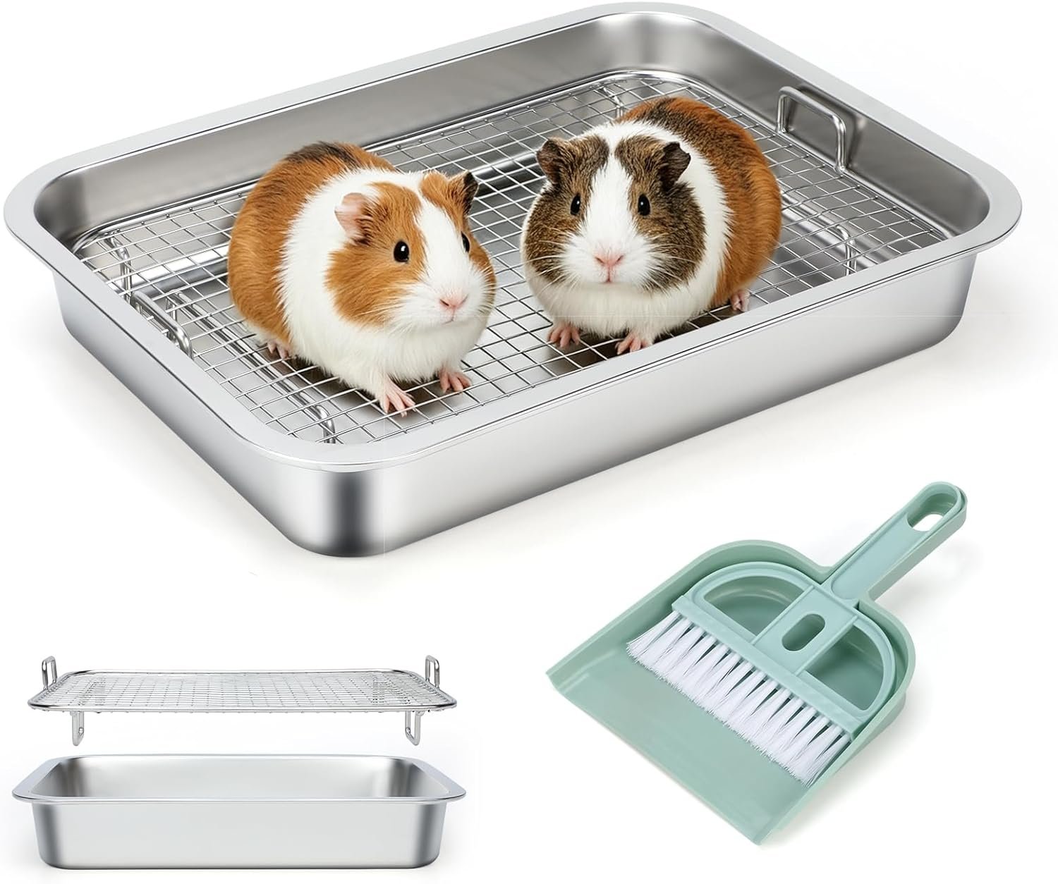 FHTONGE Stainless Steel Guinea Pig Litter Box for Cage, Stainless Steel Litter Pan for Rabbit Rat Hedgehog Hamster Ferret, S Rectangular Chinchilla Metal Tray Small Animal Toilet Trainer with Grid