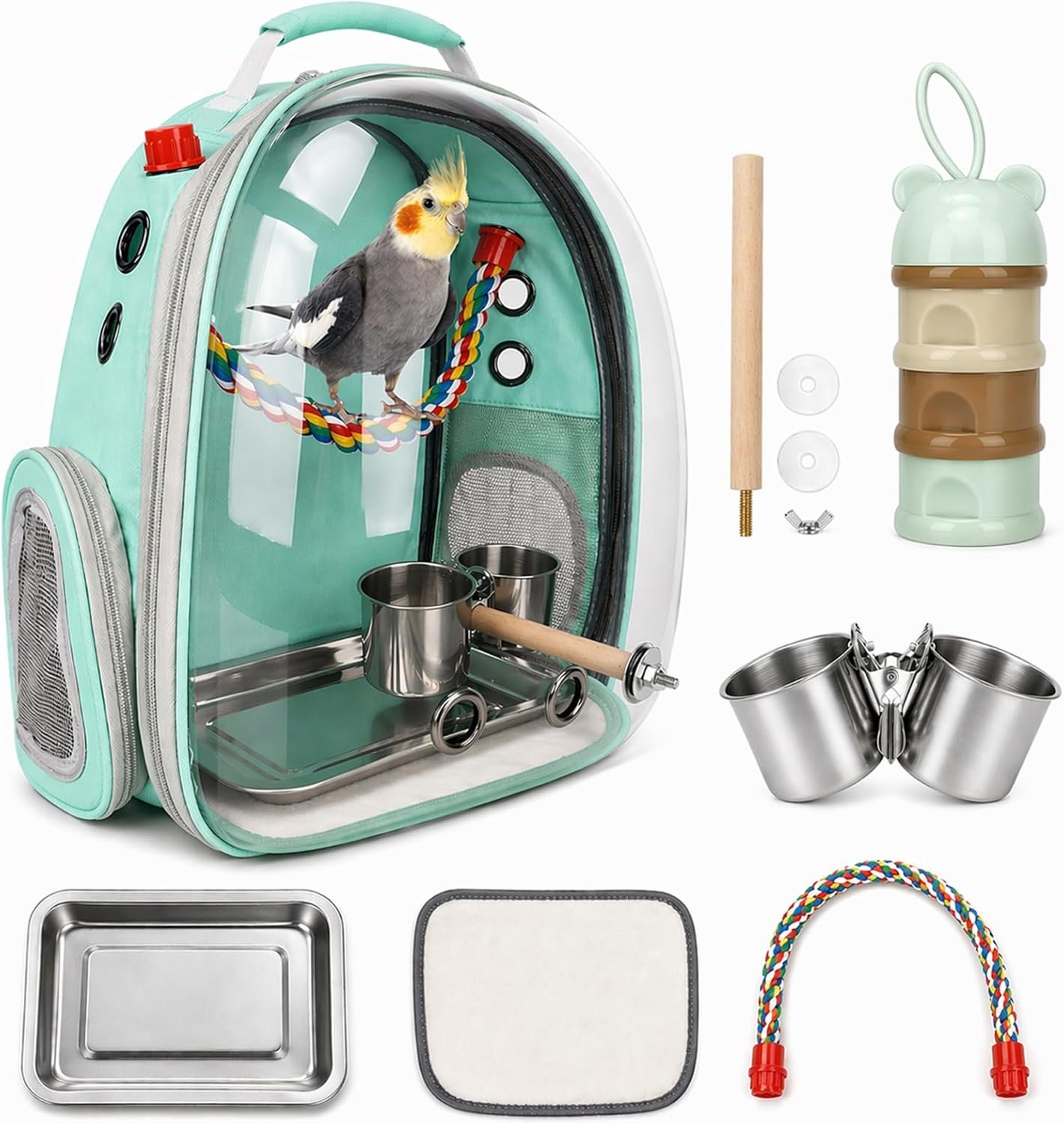 Rypet Bird Carrier Backpack Parrot Portable Breathable Bag Pet Bird Lightweight Travel Cage with Standing Perch and Stainless Steel Tray（Mint Green）