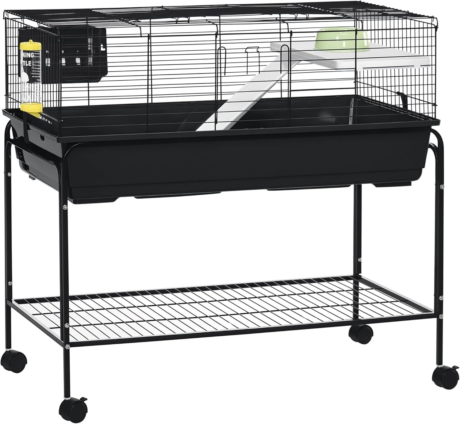 PawHut Two-Story Small Animal Cage Removable from Stand, Guinea Pig Cage with Shelf & Wheels, Pet Habitat for Hedgehog, Chinchilla, Ferret, 39″ x 20.5″ x 36.5″, Black