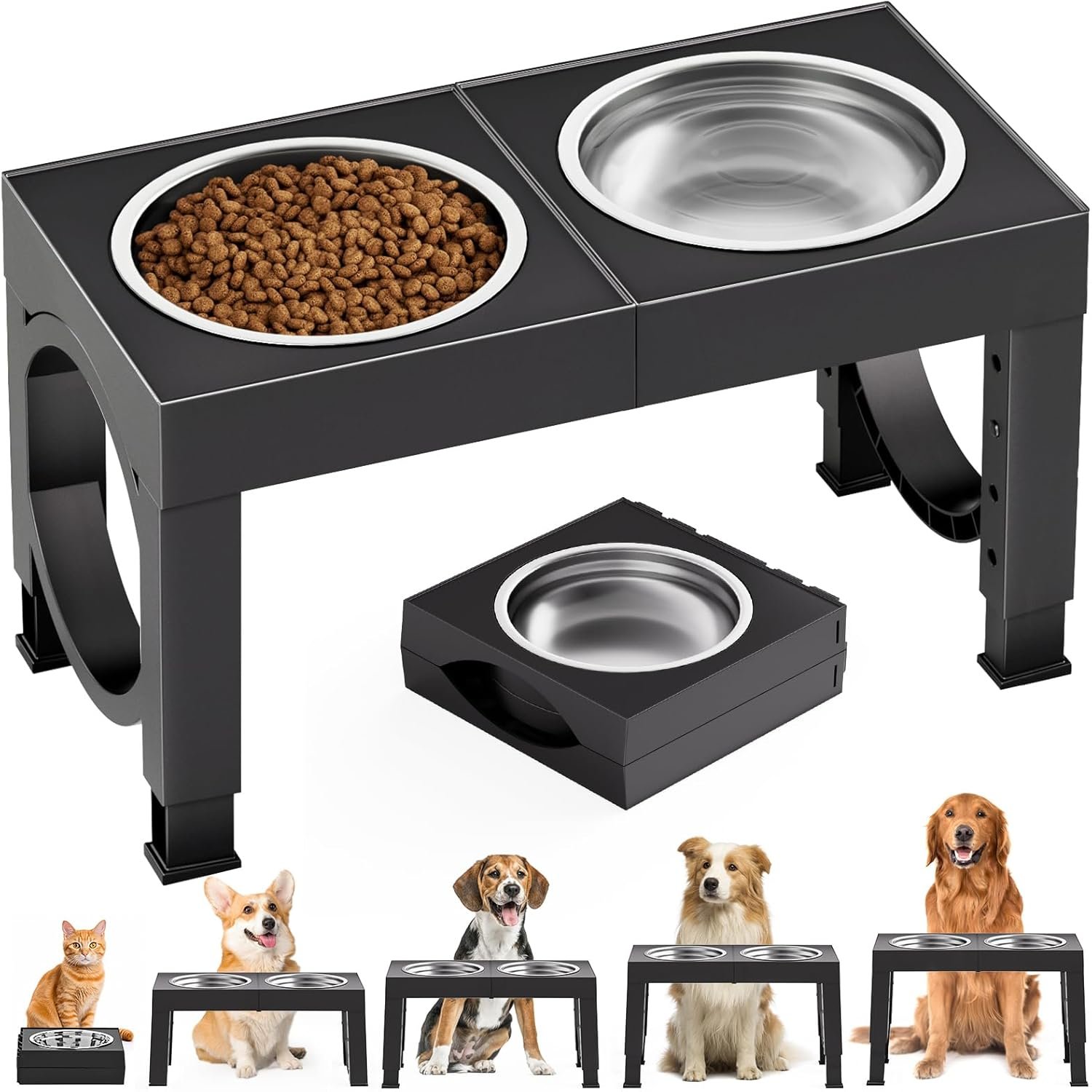 XIAZ Elevated Dog Bowls Large Breed Raised Dogs Bowl Stand Large/Medium Sized Dog Stainless Steel Food Water Bowl Stands 5 Heights Adjustable 9/11/12/14in Black Pet Feeder Dish Station