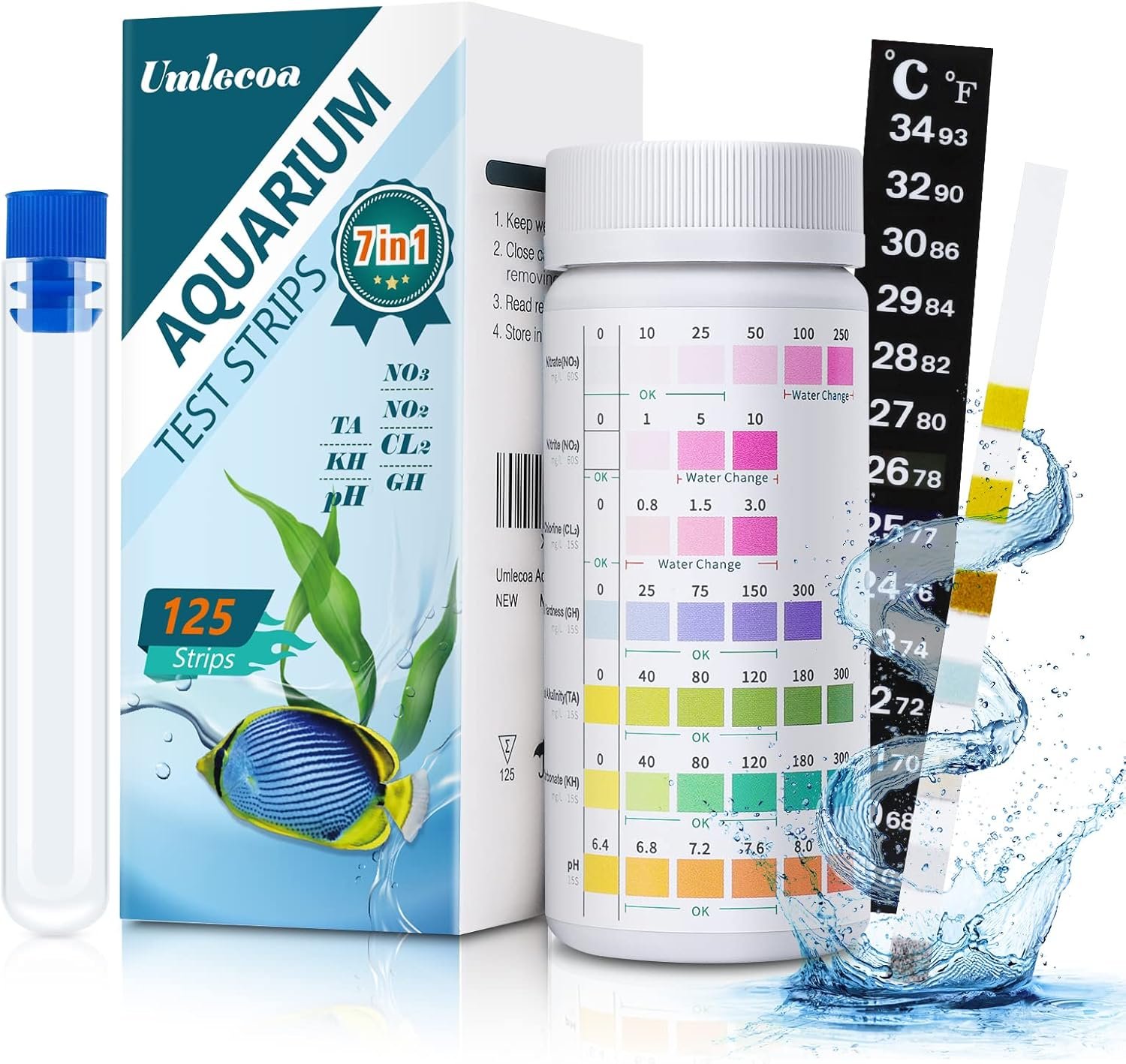 Umlecoa 7 in 1 Aquarium Test Kit for Freshwater and Saltwater – 125 Aquarium Test Strips with Test Tube & Thermometer – Fast & Accurate Water Testing Strips for Aquarium/Pond/Pool