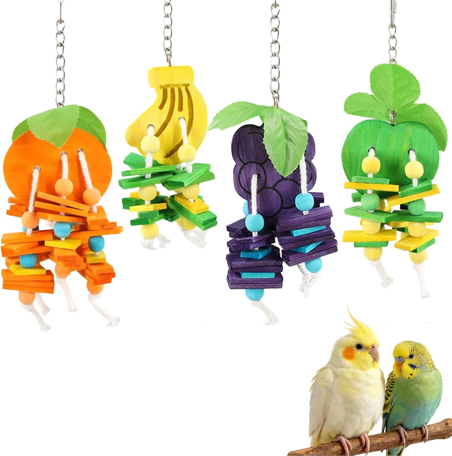 JSLZF Bird Chewing Toy for Parrot Cockatiel Conure Wood Block Cage Hanging Foraging Budgie Bite Toy for Parakeet Small (4PCS Fruit Shape)