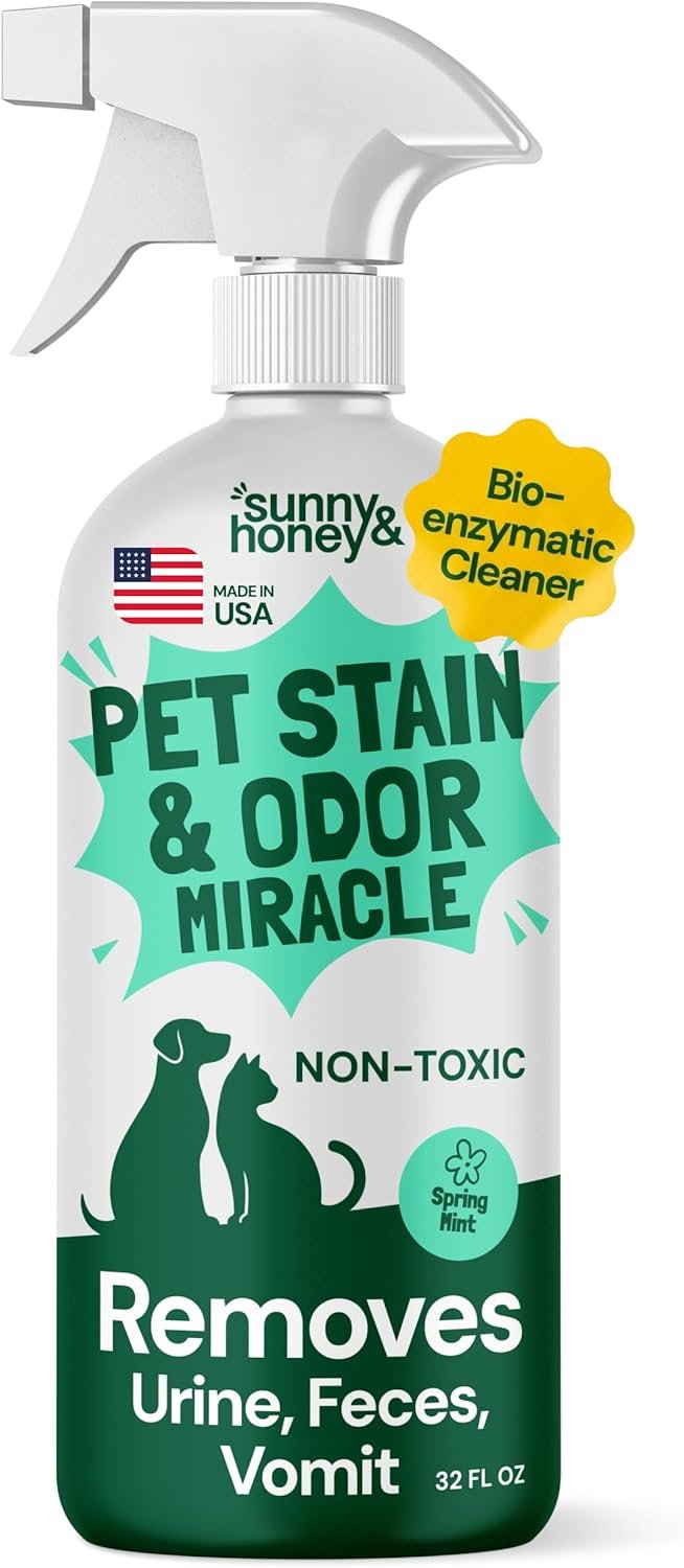 Sunny & Honey Pet Stain and Odor Remover – Enzyme Cleaner for Dog Urine and Poop on Carpets and Furniture – Strong Pet Carpet Cleaner Spray (32fl oz Mint)