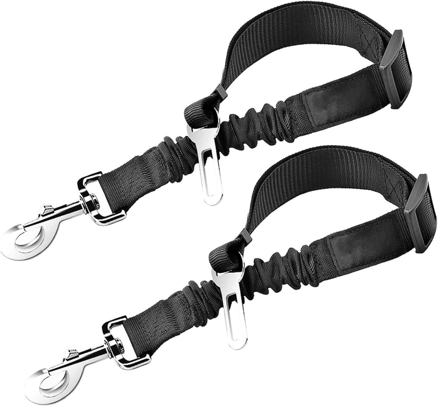 SunGrow Elastic Nylon Dog Seat Belt, 24” – 36”, Adjustable Black Harness, Elastic Tether with Metal Buckles, 2 Pcs per Pack
