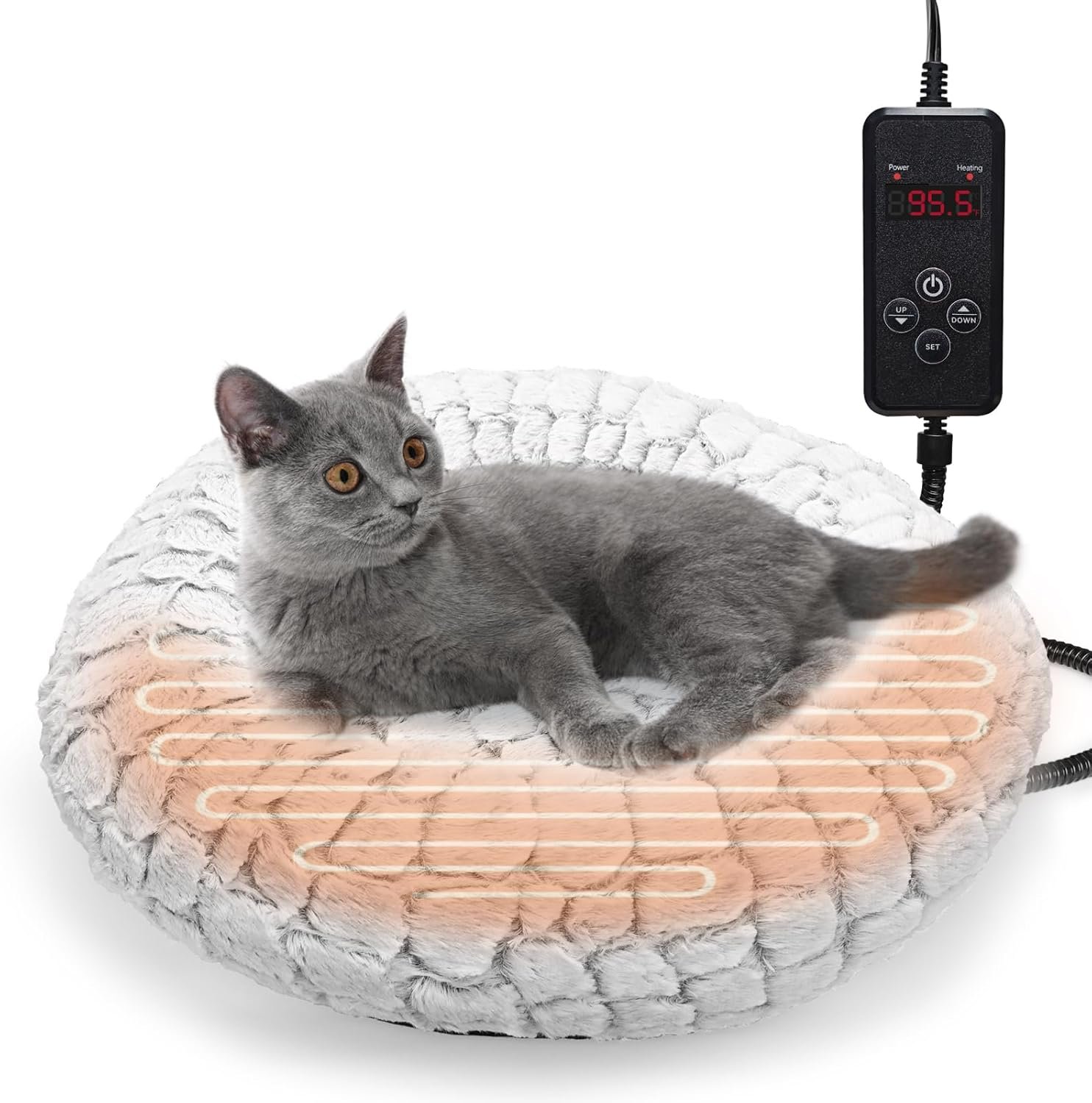 Heated Cat Bed with Timer & Temp Adjustable, Round Heating Pet Bed for Cats Indoor 19″ Soft & Cozy Donut Electric Pet Warming Pad Heater for Cat