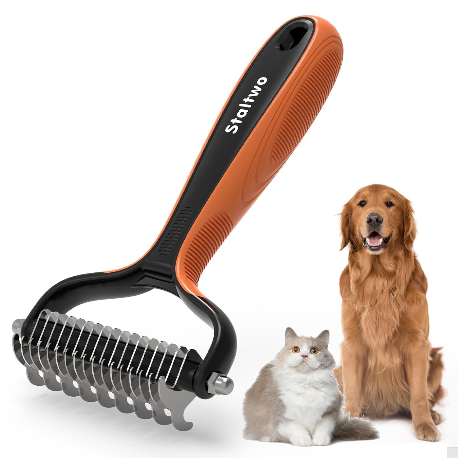 Staltwo Deshedding Dog Brush for Shedding – 2-in-1 Professional Undercoat Rake and Pet Grooming for Dogs and Cats | Shedding Control for Long-Haired Dogs and Cats, Deshedding Tool, Knot Removal,Orange
