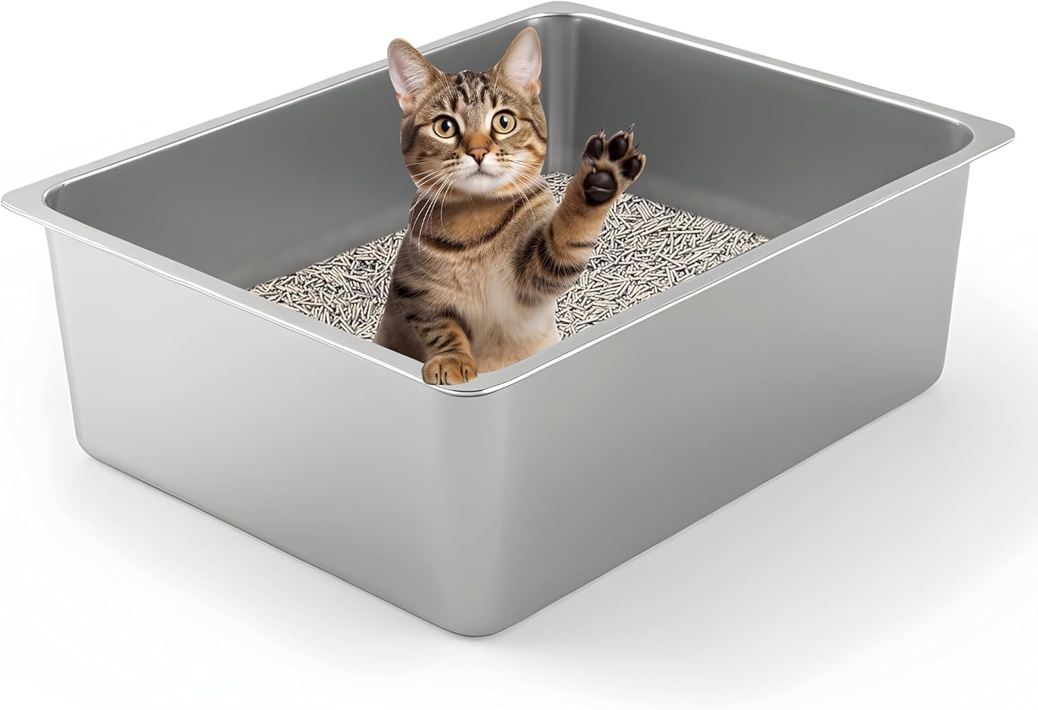 Kirecoo Stainless Steel Cat Litter Box – Metal High Sided Cat Pan, Large Stainless Steel Box, Indoor Litter Tray, Non Stick, No Smell, Easy to Clean, Pet Toilet Supplies for Kitten, Kitty, Rabbit