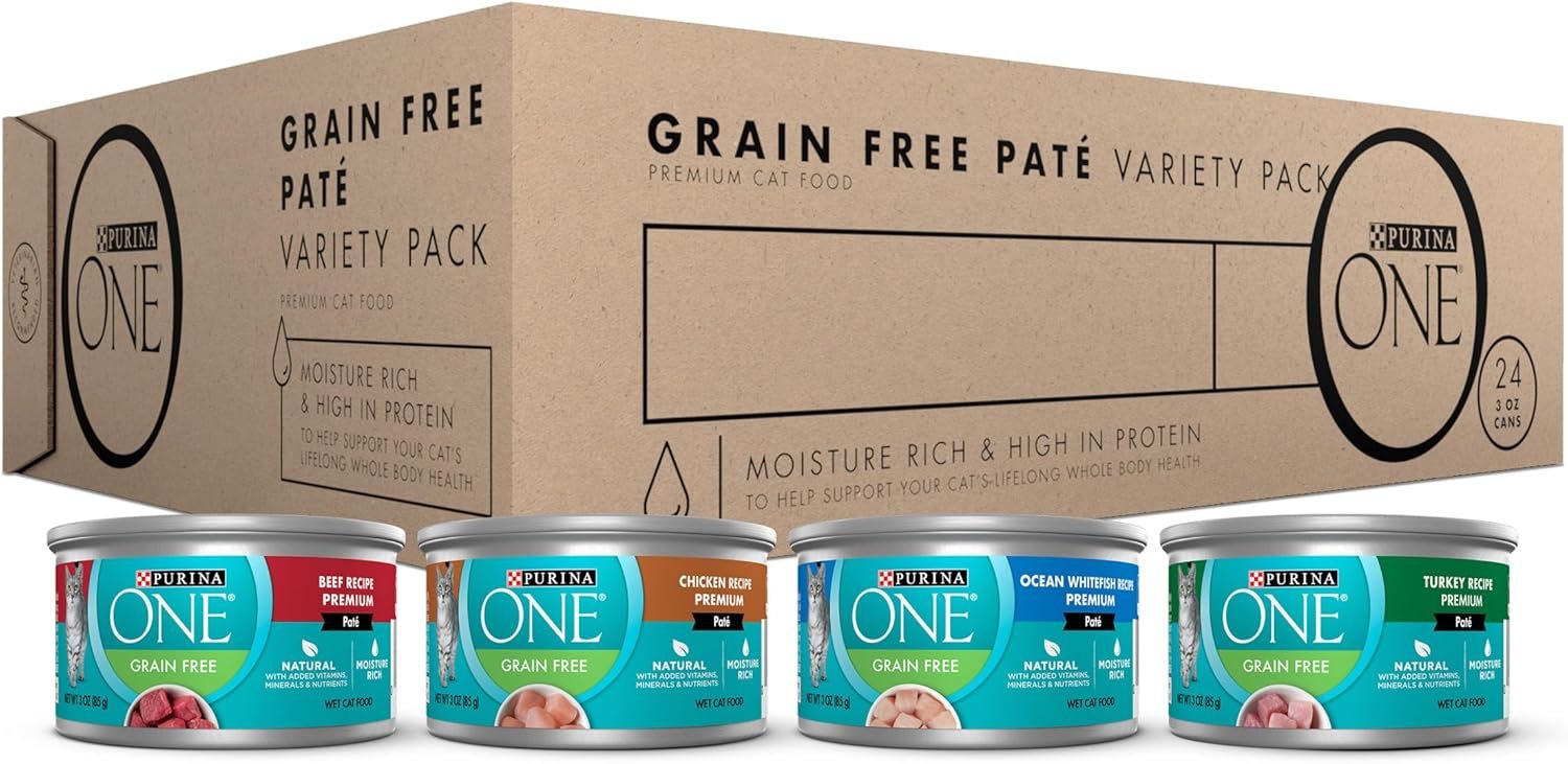 Purina ONE High Protein, Grain Free Pate Wet Cat Food Variety Pack, Grain Free Formula – (Pack of 24) 3 oz. Cans