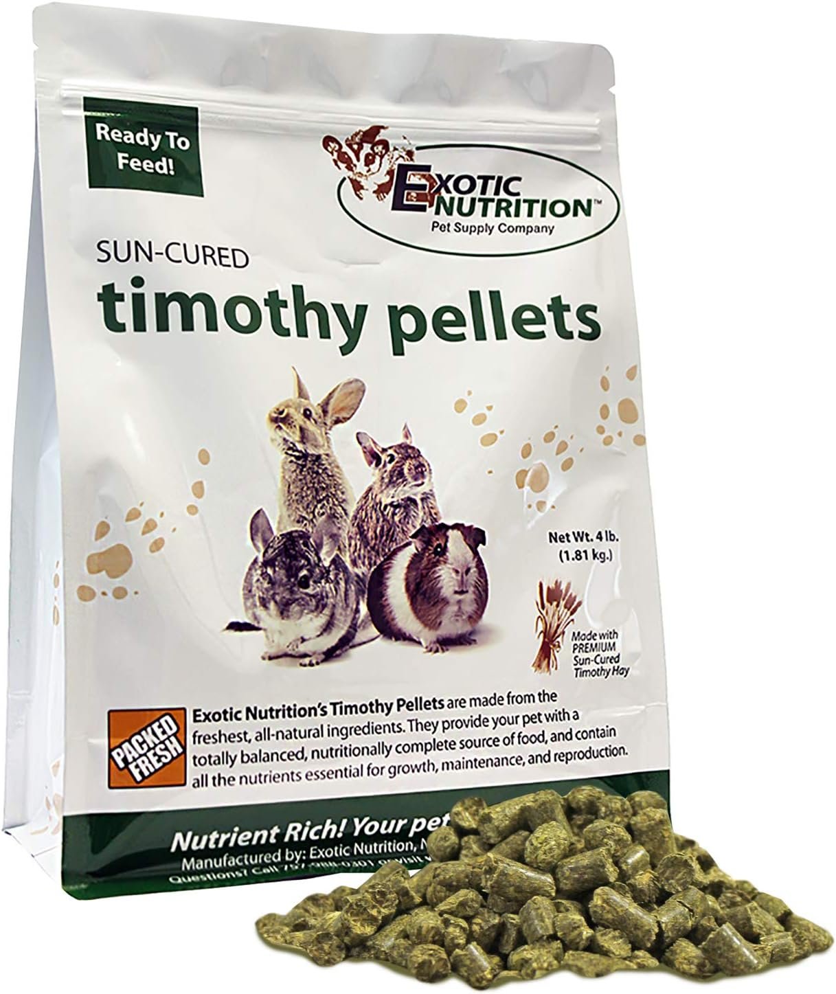 Timothy Pellets (4 lb.) – 100% All Natural, High Fiber, Sun Cured Timothy Hay Grass Food & Treat – Rabbits, Guinea Pigs, Chinchillas, Degus, Prairie Dogs, Tortoises, Hamsters, Gerbils, Rats