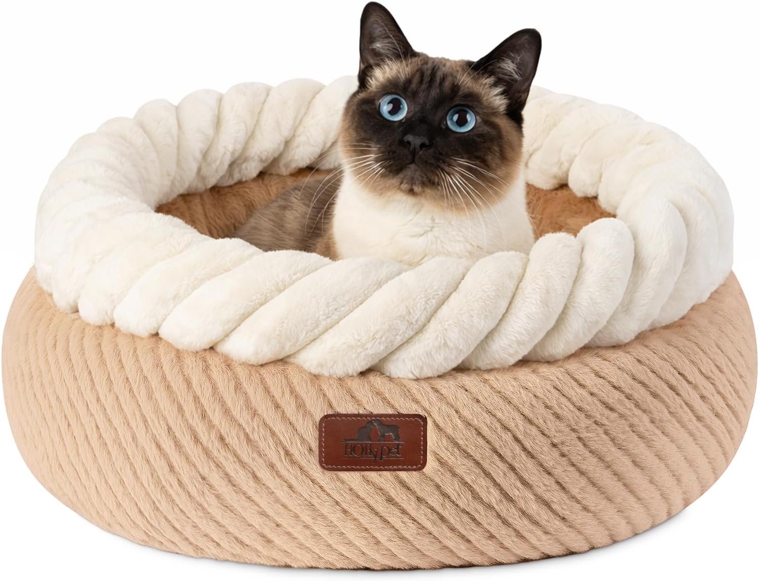 Hollypet Cat Bed for Indoor Cats Kitty Beds, Round Washable Fluffy Small Dog Bed, Soft Cozy Plush Pet Beds for Puppy and Kitten with Non-Slip Bottom (20″ D * 8″ Th, Oatmeal)