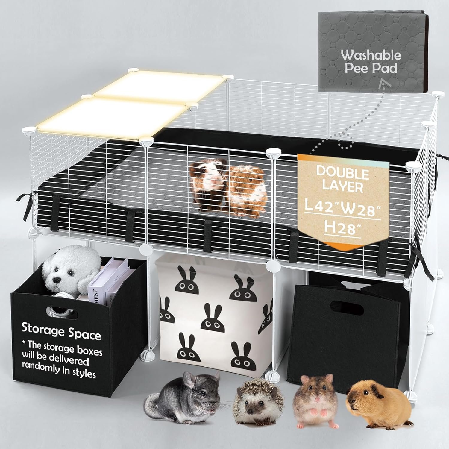 MEEXPAWS Guinea Pig Cages Small Animal Playpen Large with Waterproof PVC Liner & Washable Pee Pad & Storage Space, C&C Cage for Guinea Pigs, Hamsters, Kitten, Indoor Pet Enclosure Wire Yard Playpen