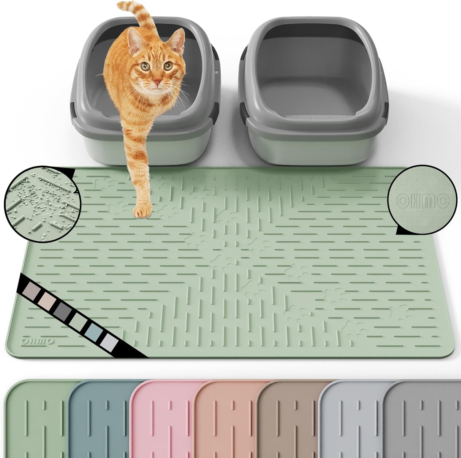 OHMO Cat Litter Mat Large Trapping Mat Premium Silicone Rubber 31.5×23.6 Sage Green, Waterproof and BPA Free Kitty Litter Box Mat, Easy to Clean and Keeps The Floor Tidy